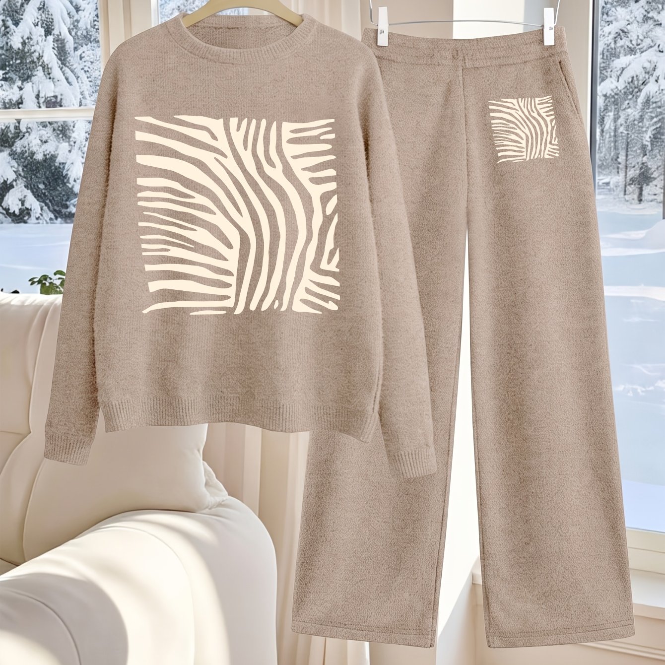 TEMU Zebra Print Women's Comfortable Set - Crew Neck Sweater And Wide-leg Pants, Loose Fit, Stylish Design, Soft Texture, Trendy Loungewear, Suitable