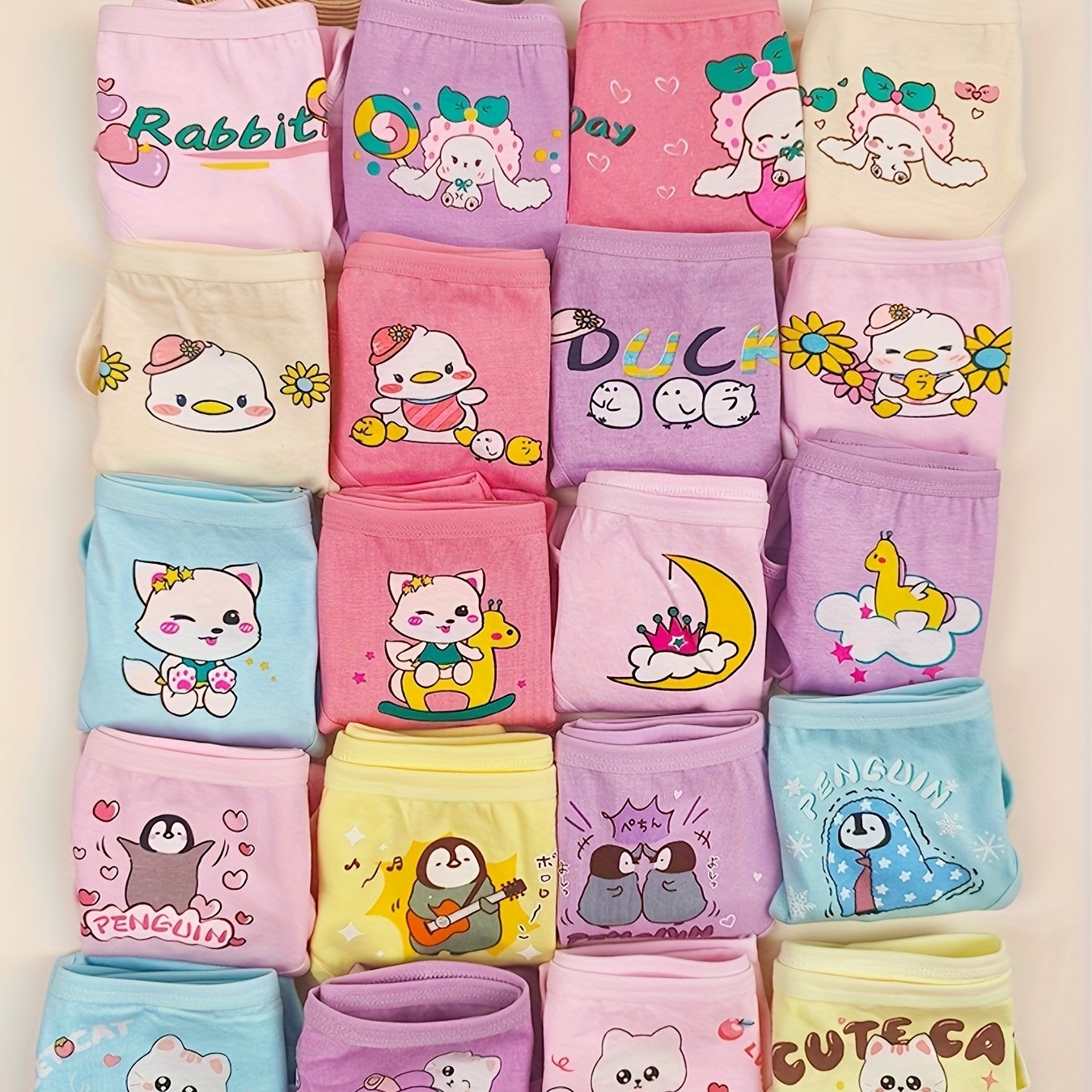 12-pack Girls' Underwear With Random Patterns, Cute Cartoon Kitten And Penguin Designs, Comfortable Triangle Panties Suitable For