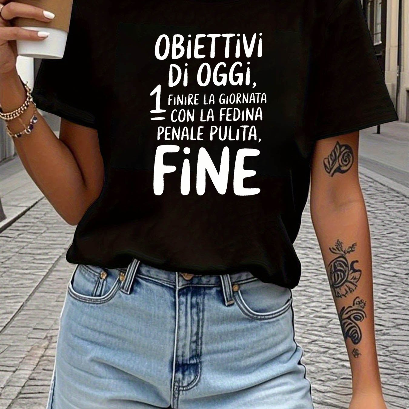 TEMU Obiettivi Di Oggi Letter Print T-shirt, Short Sleeve Crew Neck Casual Top For Summer & Spring, Women's Clothing