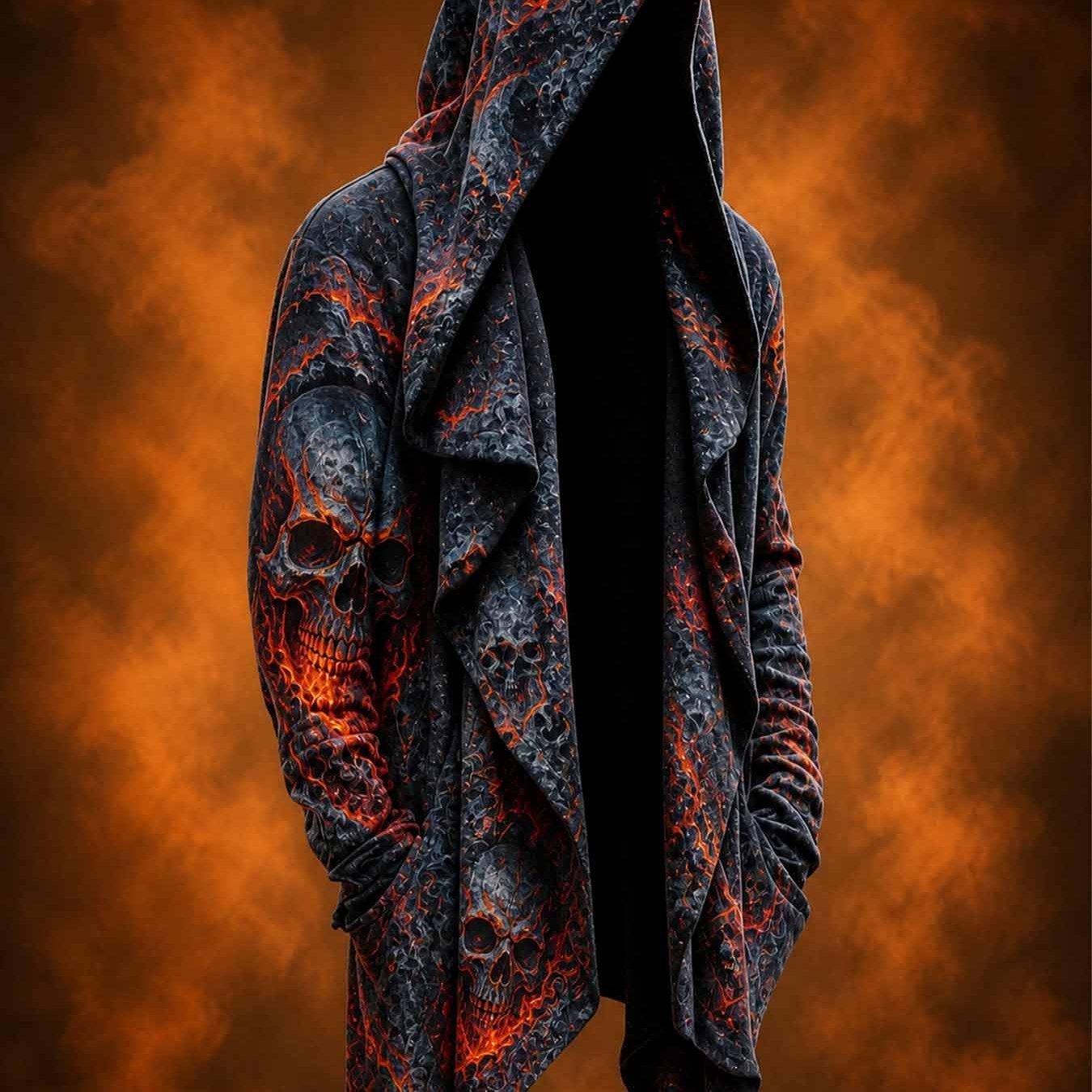 Image of Men's Halloween Long Buttonless Hoodie Cardigan Edgy Skull Print Style Halloween Clothing For Gothic Parties Street Fashion And Daily Casual Wear