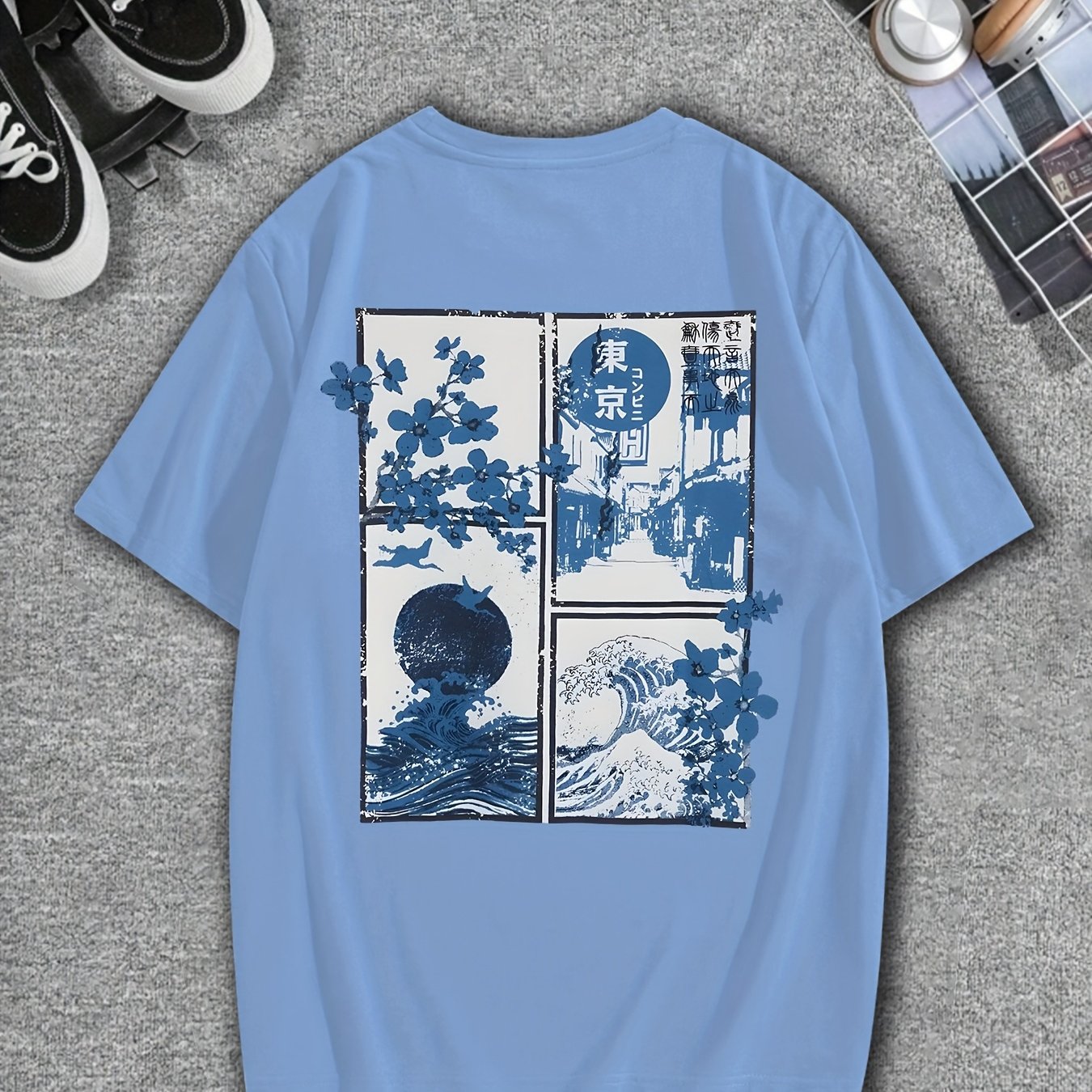 TEMU Fashion Cherry Pattern Print Men's Fashion Short-sleeved Pullover Crew Neck Casual Comfortable Short-sleeved T-shirt