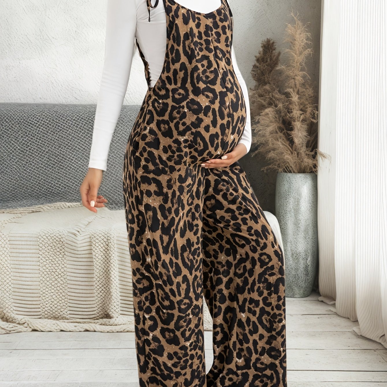 TEMU Comfortable Casual Pregnant Jumpsuit, Leopard Print Overalls Wide-leg Pants, Adjustable Straps, Loose Long Trousers, Casual Outing, Christmas,