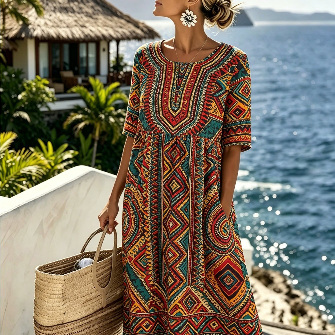 Women's Bohemian Print Mid-length Dress - Round Neck With Half Sleeves And Pockets, Casual Loose Summer Dress, Suitable For Vacation, Beach, And Everyday Wear