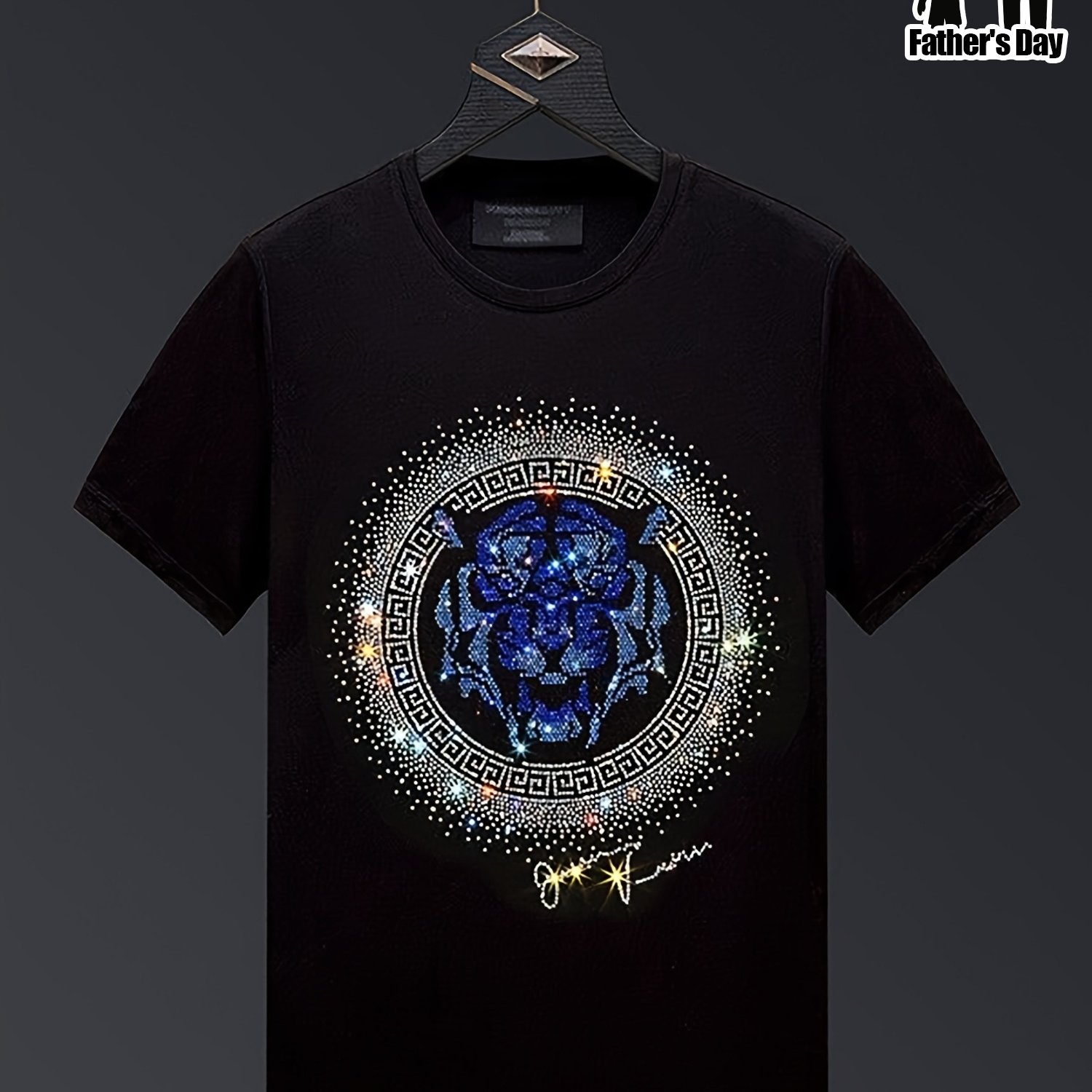 Image of Tiger Rhinestones T-shirt Mens Fashion Clothing 2024 O-neck Short Sleeve Slim Summer Casual T-shirt Men's Black Regular Roundneck Shirt S-3xl
