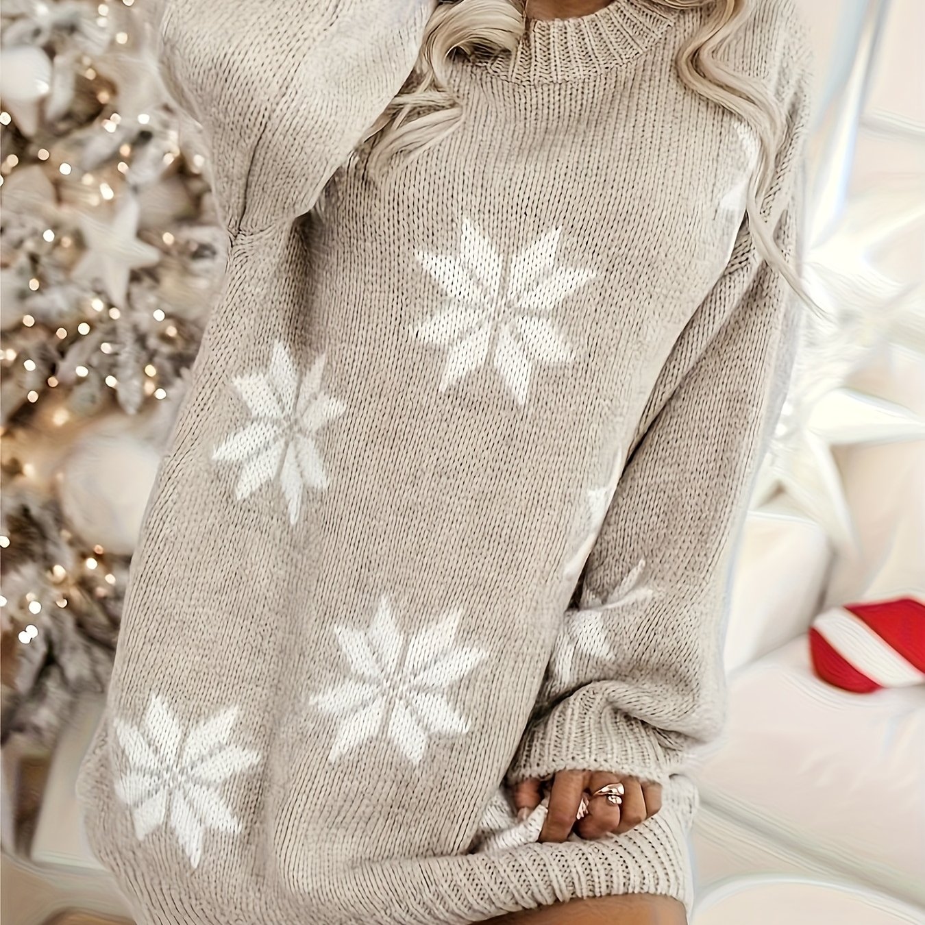 New Autumn And Winter Christmas-themed White Snowflake Pattern , -back, Casual, Versatile Round-neck Pullover Sweater For Women