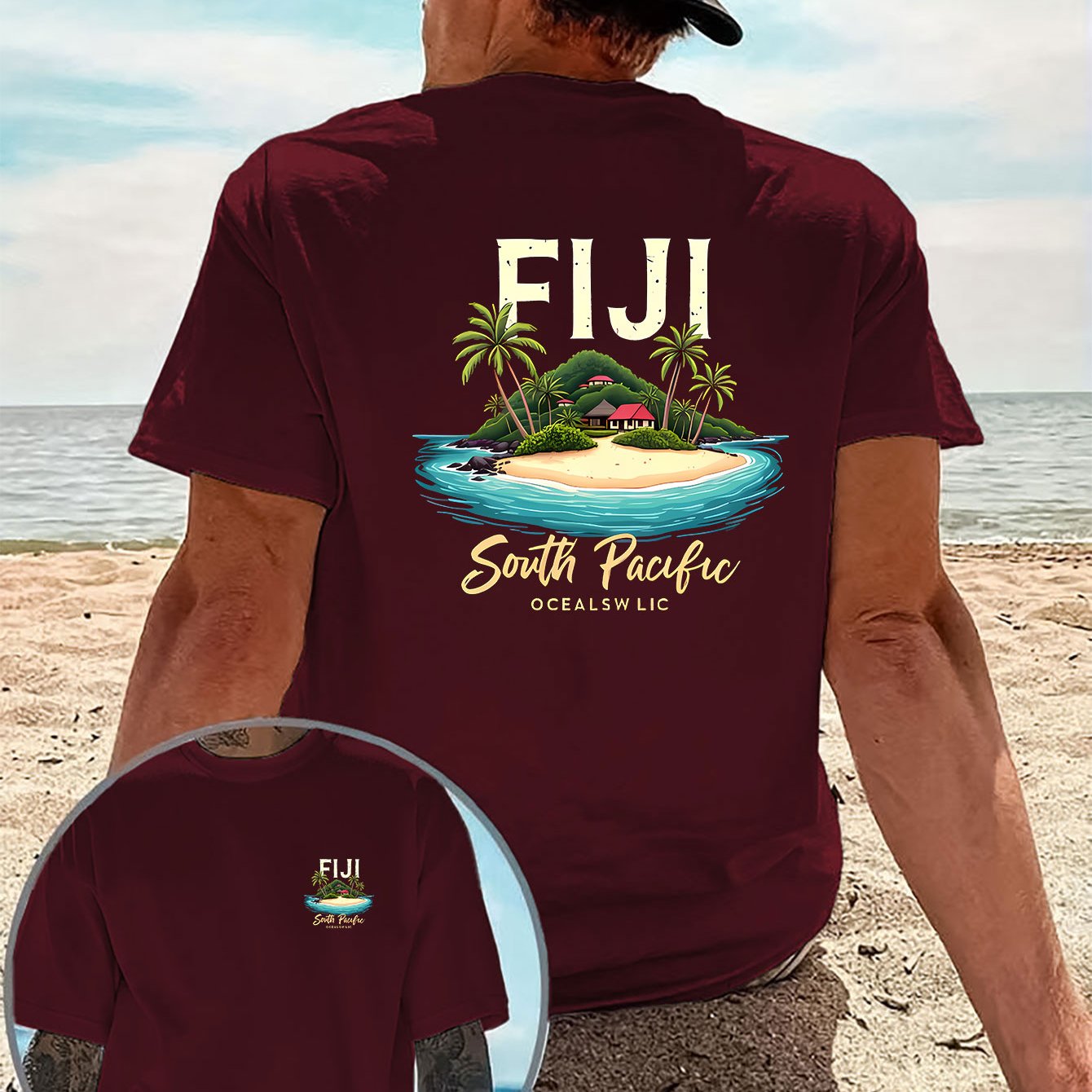 TEMU 's Casual T-shirt With A Creative , Featuring A Hand-painted South Landscape Double-sided Print On Short Sleeves. This Fresh And Soothing Style