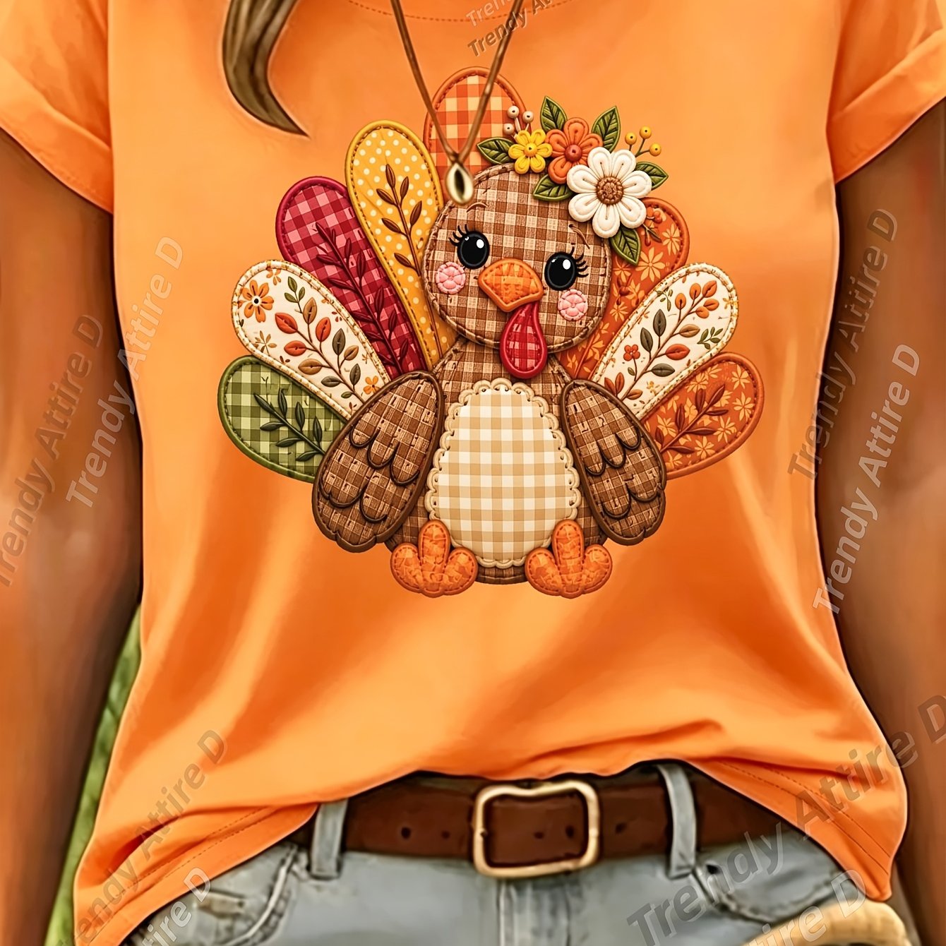 TEMU Women's Turkey Print Short-sleeve T-shirt Suitable For Halloween/thanksgiving/christmas - Retro Loose-fit Round Neck Style Top With Turkey