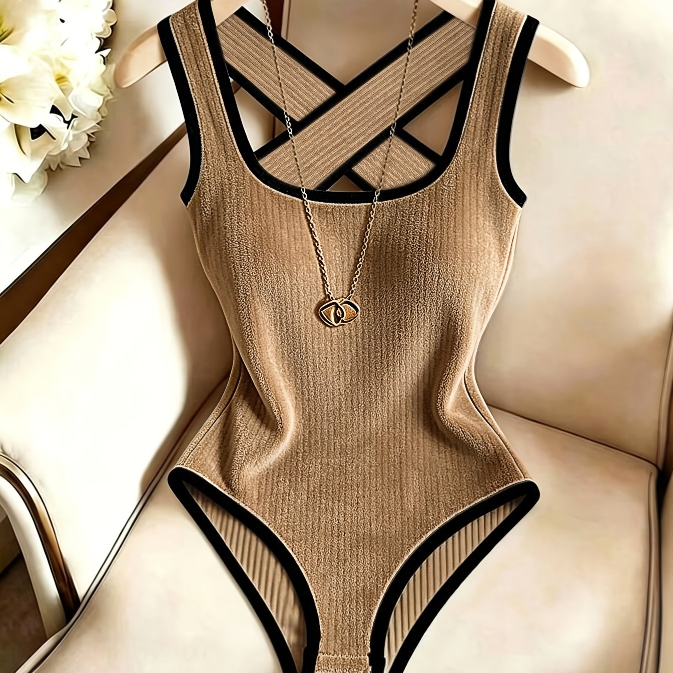 TEMU Body elegante de mujer acanalado cepillado de color de con diseño acanalado y espalda cruzada