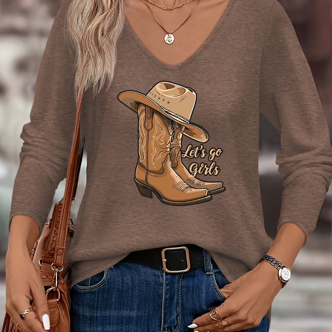 TEMU Western Cowgirl Boots And Hat Print European And Women's Autumn Winter Daily Comfortable Simple Casual Fashion Versatile Color V-neck T-shirt