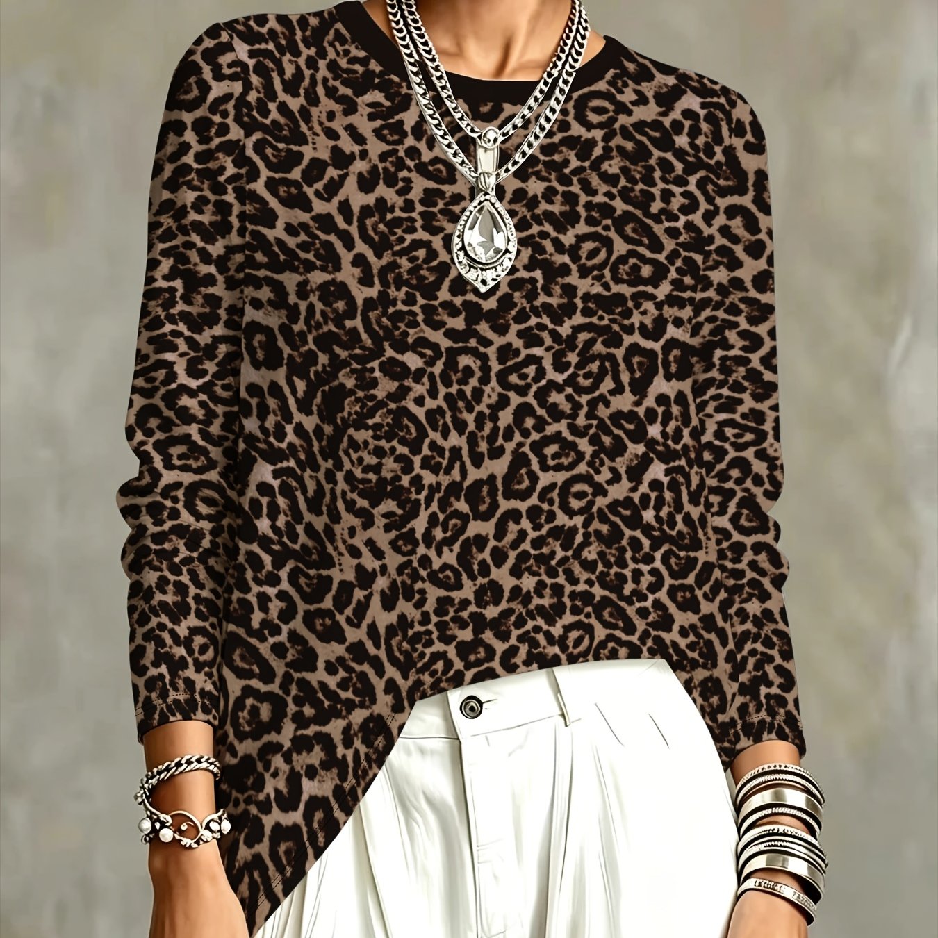 TEMU Leopard Print Women's Long-sleeve Shirt, Fashionable And Versatile, Loose Fit, Thin Looking Fashion, Designer Style For Leisure , New ,