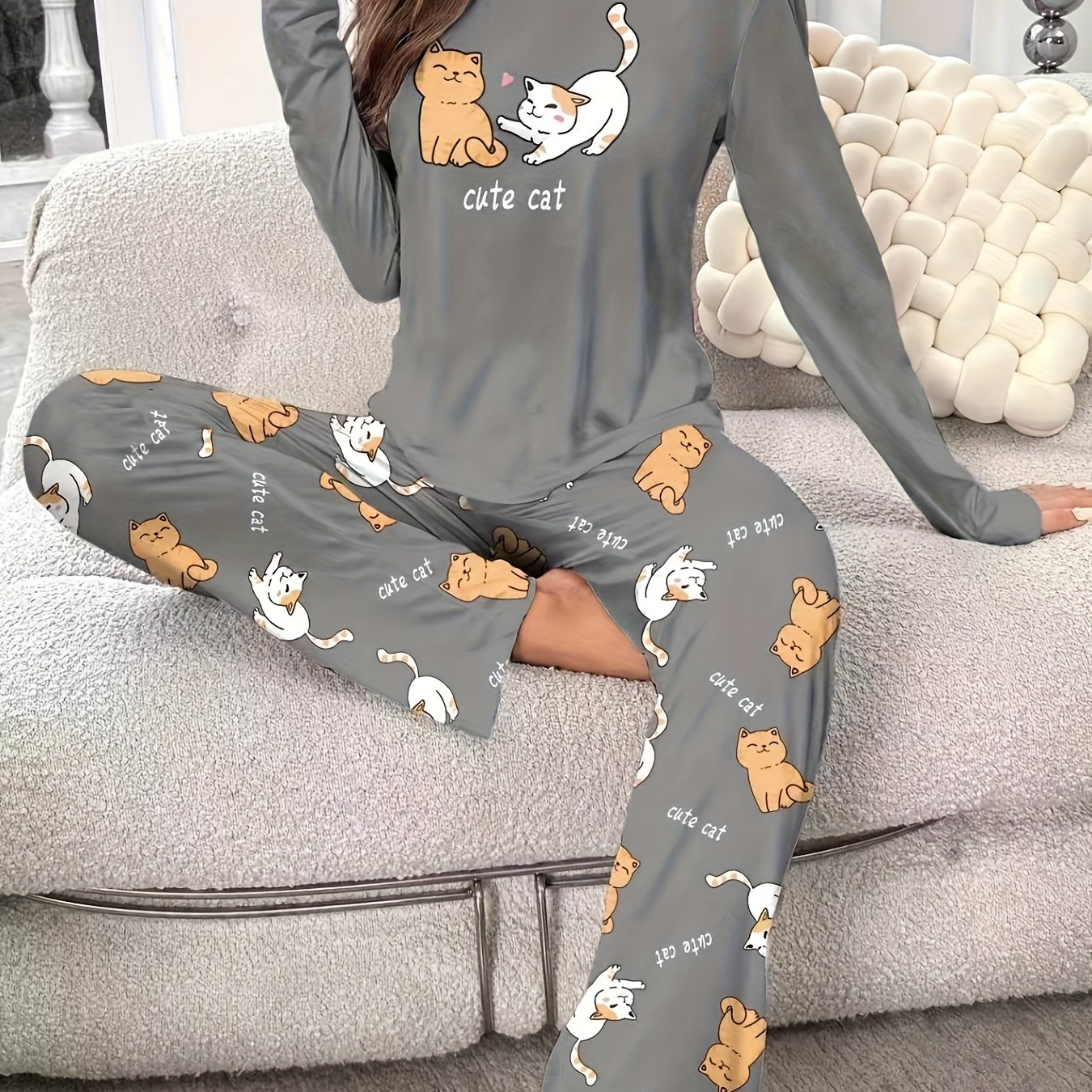 TEMU Conjunto de 2 piezas para el hogar, estilo casual y lindo, con diseño de gato, ideal para otoño e invierno