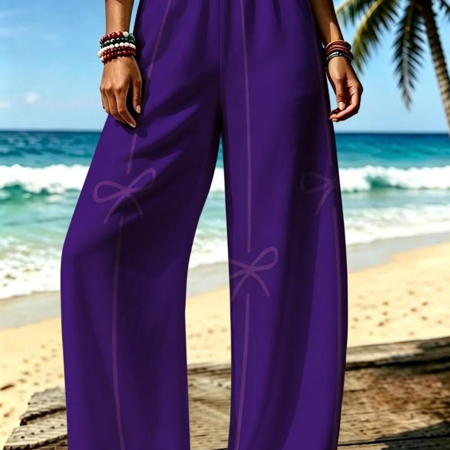 TEMU Women's Fashion Trousers, With Multiple Specifications, Vertical Lines And Bows Pattern, Easy Yet , Perfect For Daily Wear And Casual Occasions,