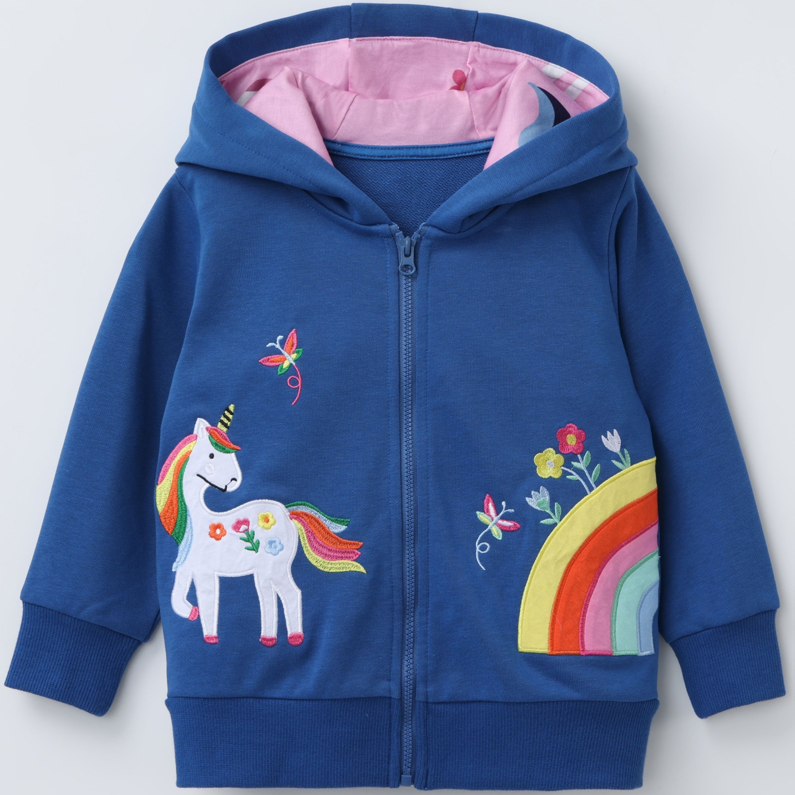 Image of Girls' Rainbow Unicorn Embroidered Zip-up Hooded Sweatshirt For Spring, Autumn, And Winter Casual Activities, Long Sleeve Embroidered Zip-up Hoodie For Girls Ages 2-8