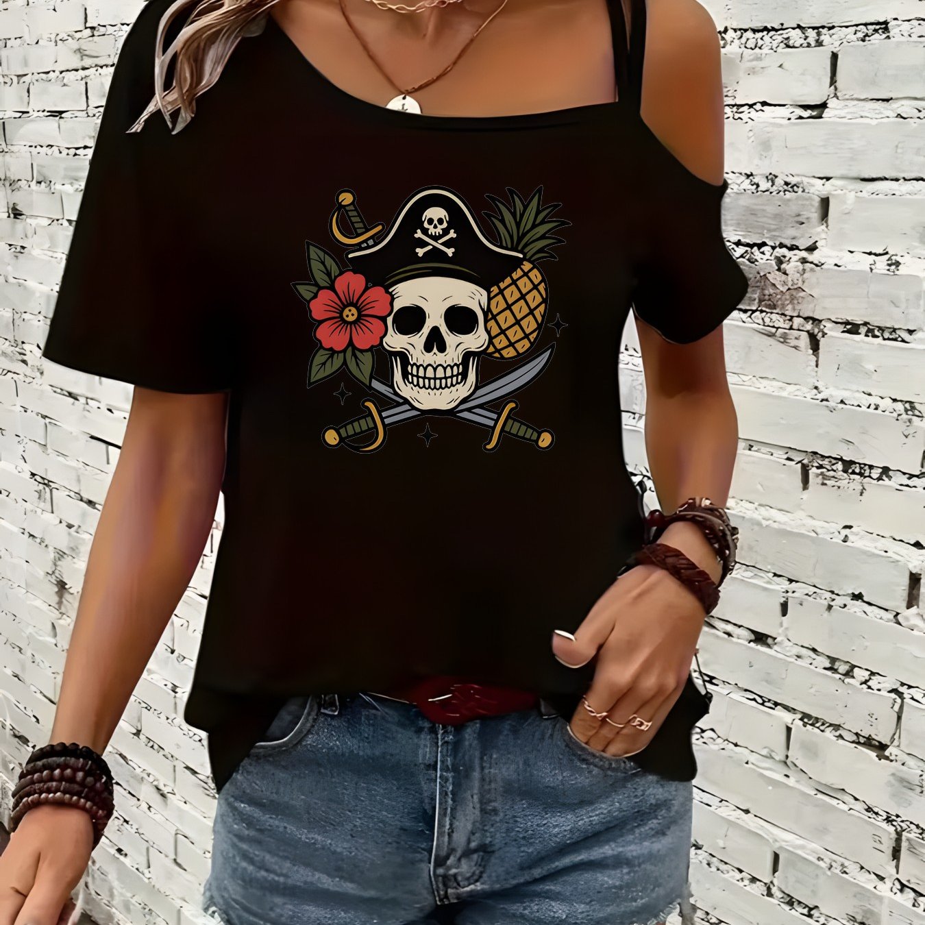 TEMU Fashionable Casual Women's Pirate Skull Print Off-shoulder Short Sleeve T-shirt For Daily Shopping And Dating Outfits