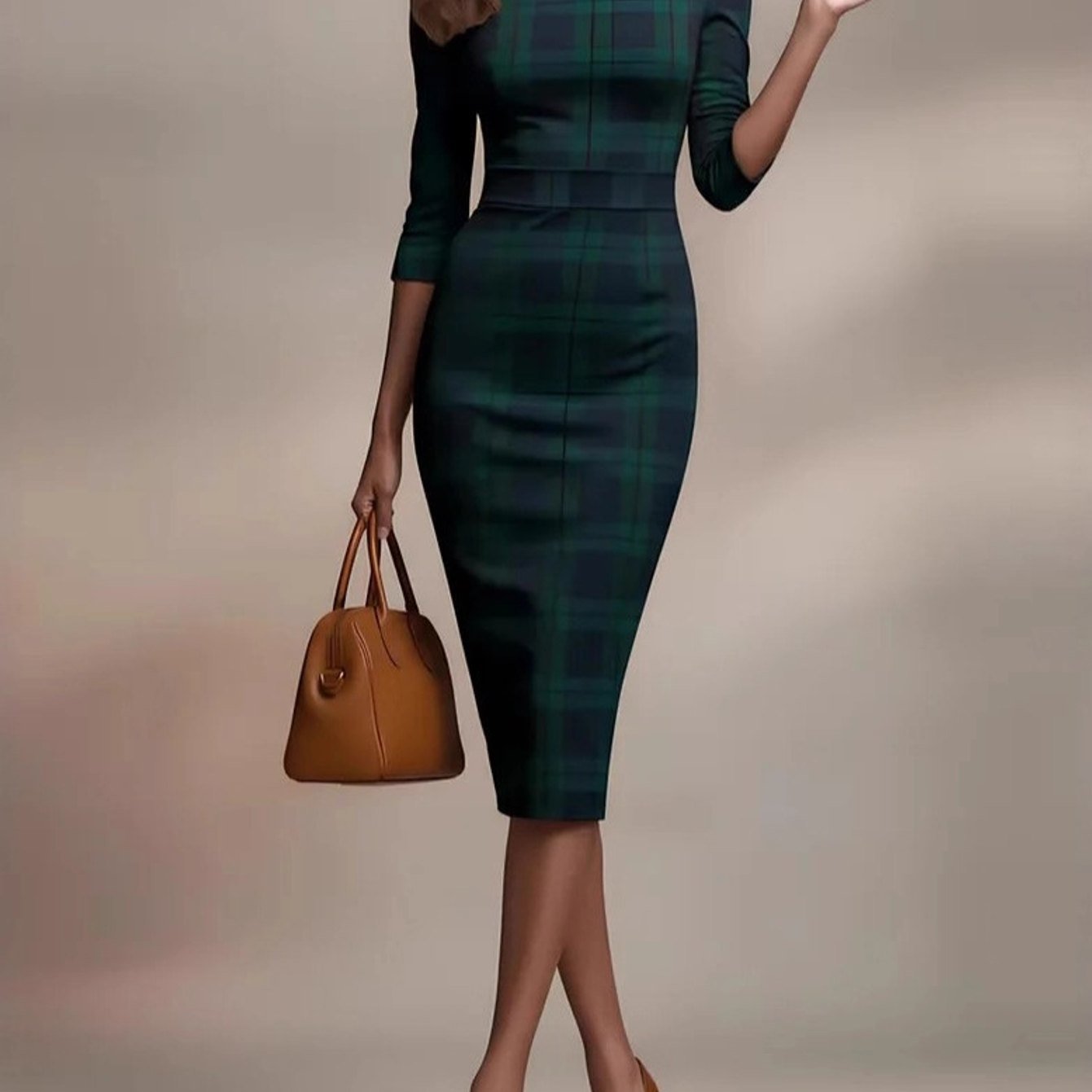 Image of Classic Plaid Boat Neck Slim Fit 3 Quarter Sleeve Midi Dress For Women, Elegant Bodycon Work And Party Wear