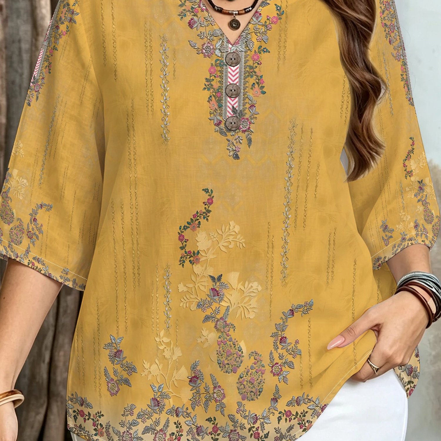 TEMU Printed Design – Not Textured/embroidery/sequins. Women's Fashionable Shirt With An Ornate Floral Vine Pattern In A Vintage Style, Elegant And