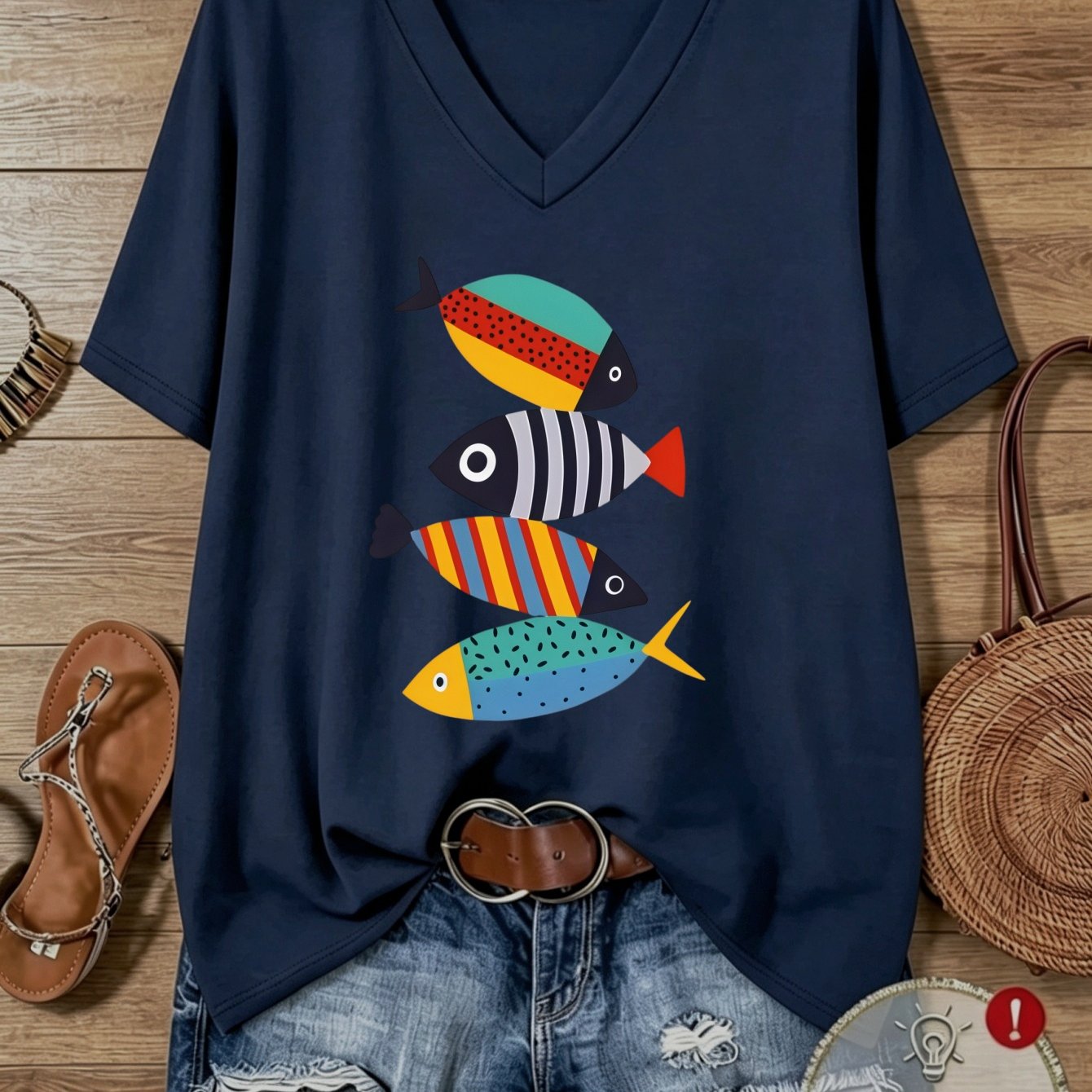 TEMU Plus Size Women's Casual Athletic Women's Clothing Colorful Abstract Fish Pattern Print Loose V-neck Short Sleeve T-shirt Suitable For Sports,