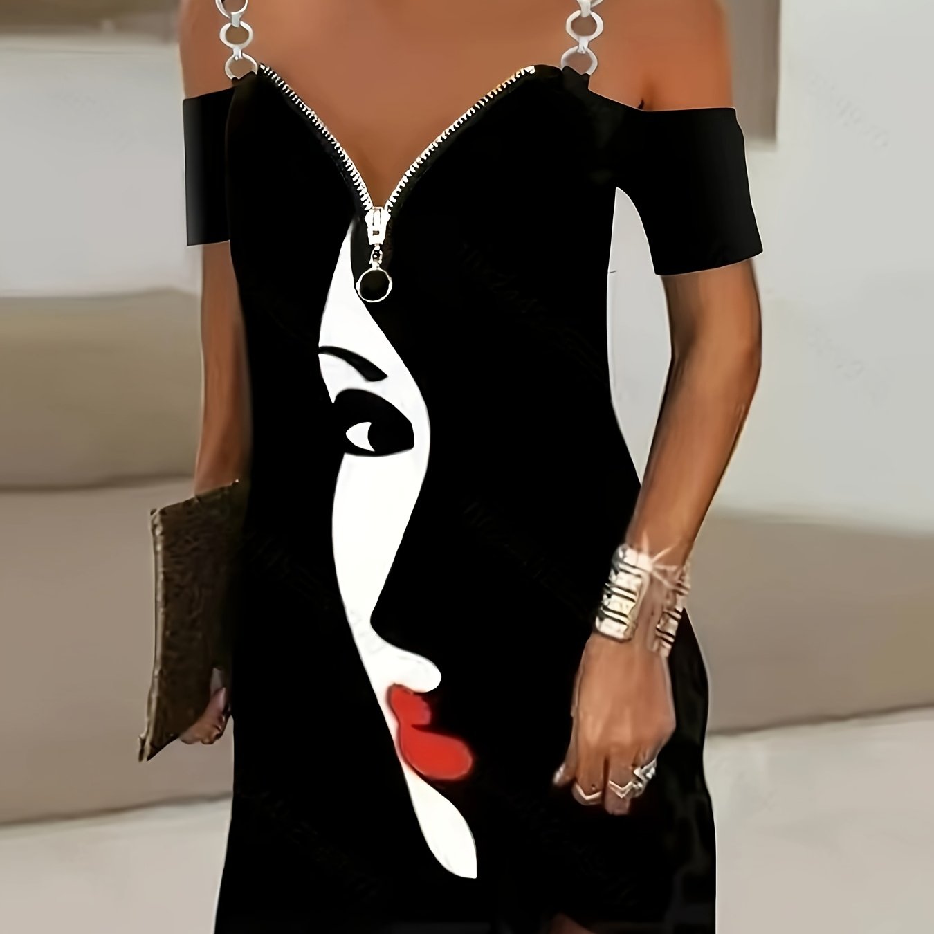 Printed Off-shoulder Sleeve Straight Skirt Knee-length Casual Cinched Waist Dress