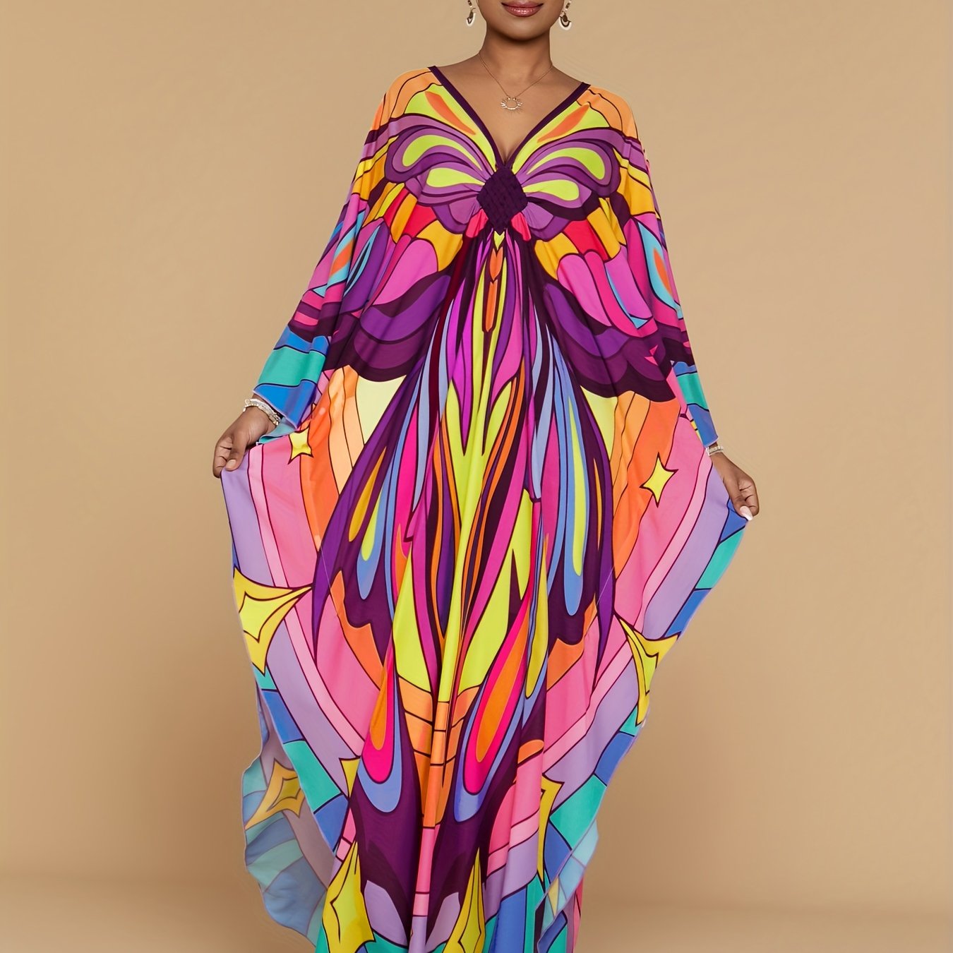 TEMU Large Size Modest Women's Dress Full Body Printed Short Sleeved Robe V-neck Side Slit Casual Swimsuit Cover Suitable For Plus Size Crowd Fashionable Cover Up