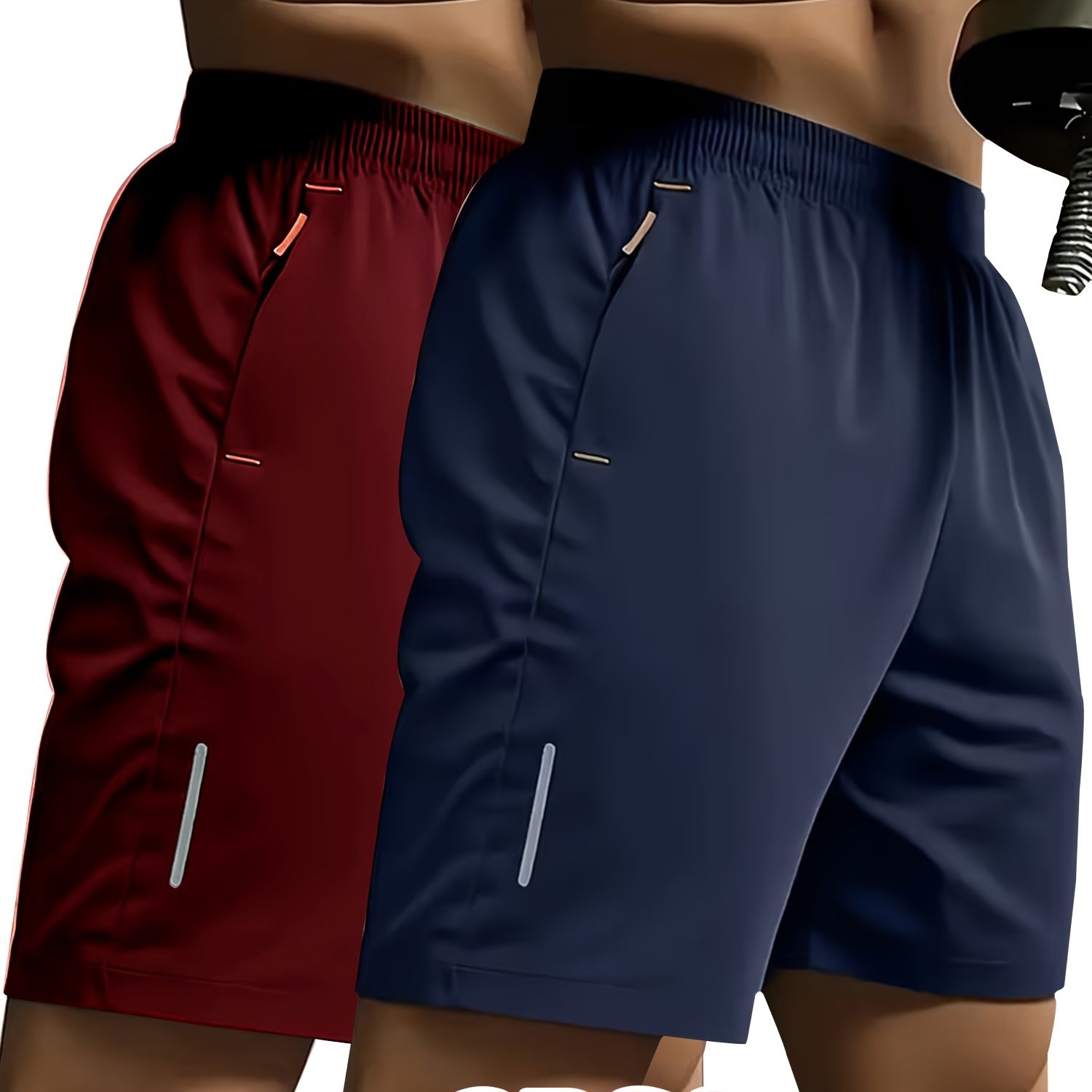 TEMU 2pcs Mixed Shorts Set, Men's Sporty Casual Shorts With Reflective Strip Print Design, Dual-side Zipper Pockets, Comfortable Breathable Polyester