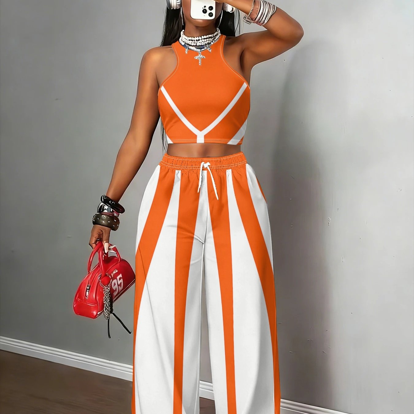 TEMU Conjunto de dos piezas para mujer con bloques de color vibrantes y rayas: chaleco de tirantes con corte en el y cuello en V sobre base naranja ,