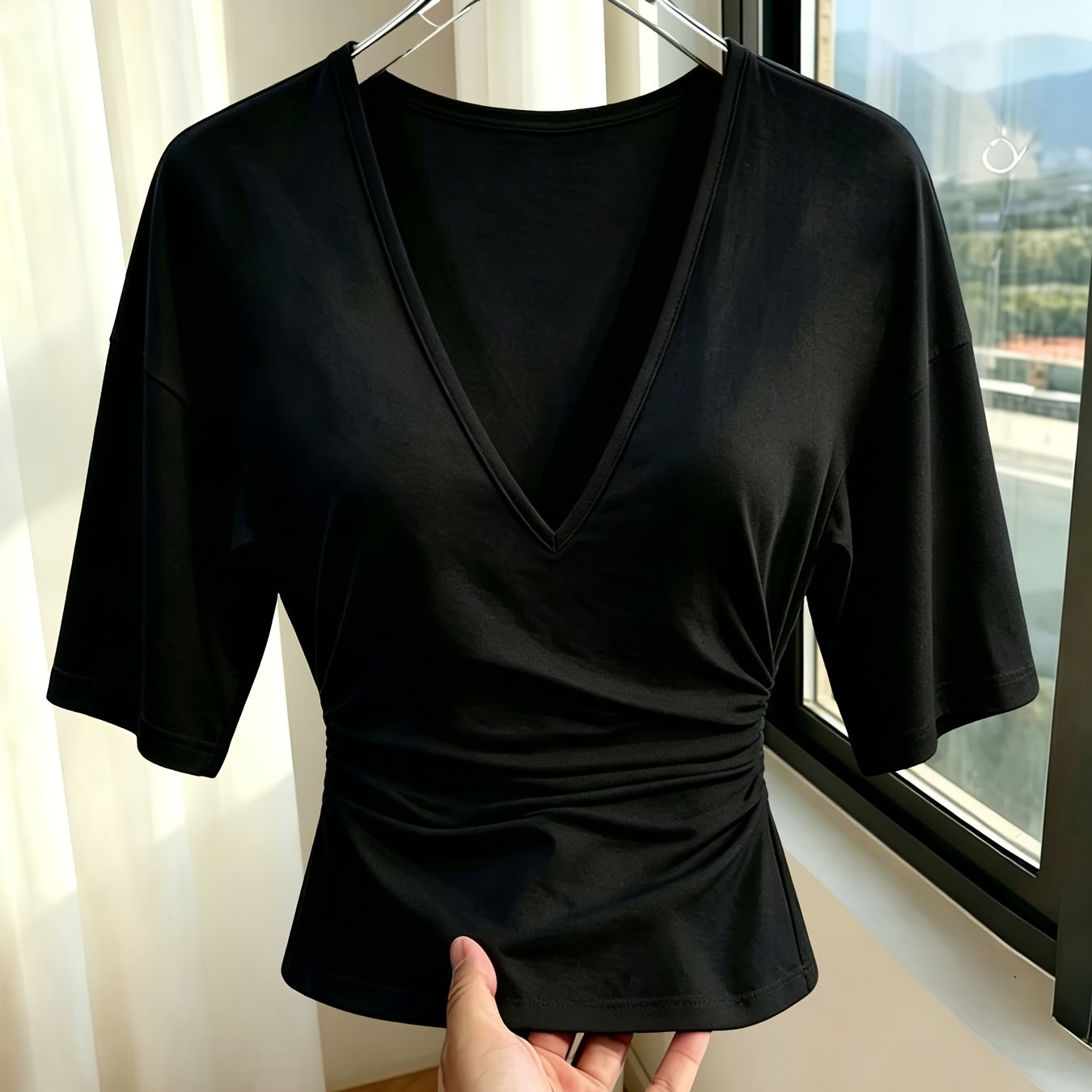 TEMU Solid Color Women's Sexy V-neck T-shirt, Elegant And Casual Top, Essential Item For Daily Wardrobe, Easy And Comfortable Stretch Fabric, Machine