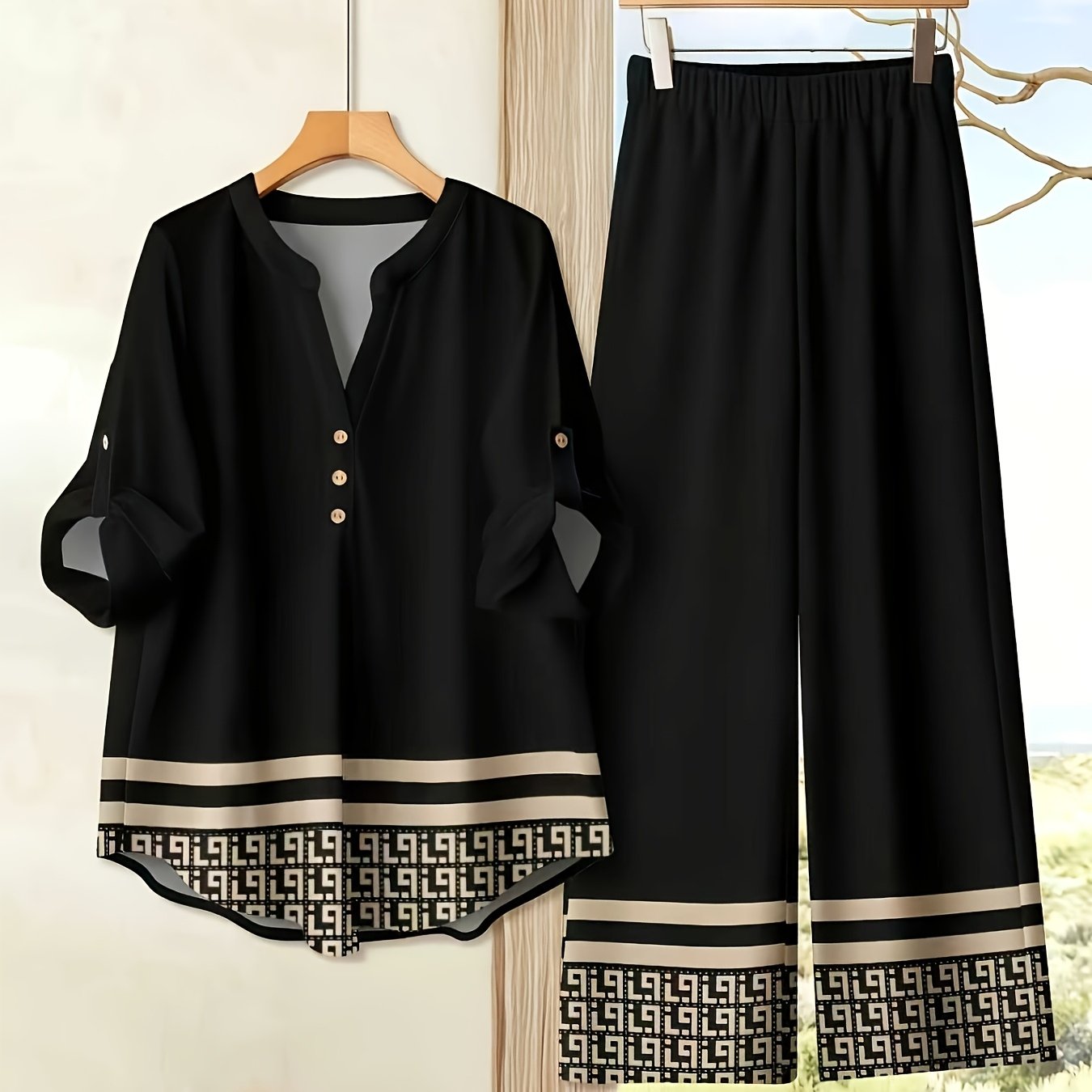 TEMU 's Targeted Development Of Hot-selling New European And American Women's Fashion: V-neck Long-sleeve Printed Striped Shirt And Printed Pants Set