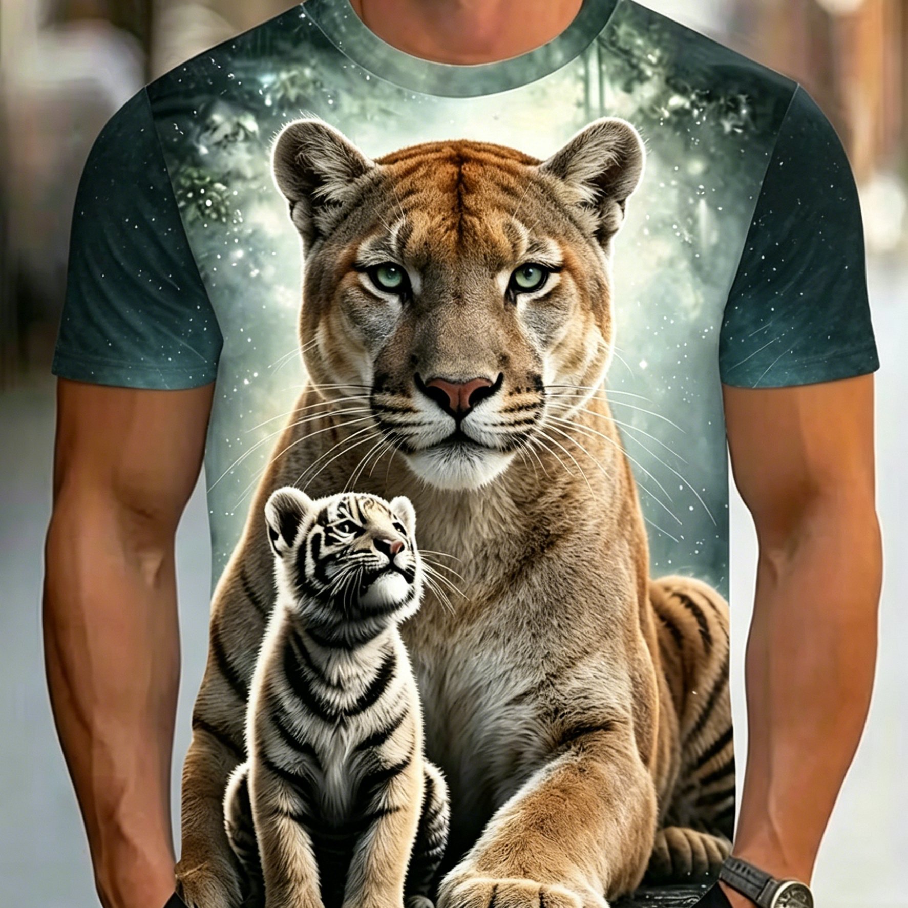TEMU [print Design-not Textured] Tiger And Cub Print Plus Size Men's Short Sleeve T-shirt, Plus Size Loose Fit Round Neck Casual Summer