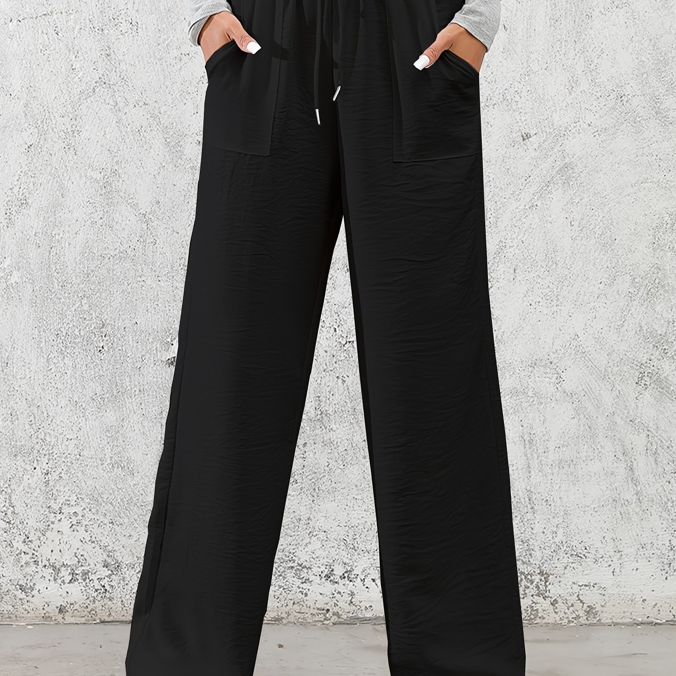 Solid Color Drawstring Waist Wide Leg Pants, Casual & Versatile High Waist Pants For , Women's Clothing