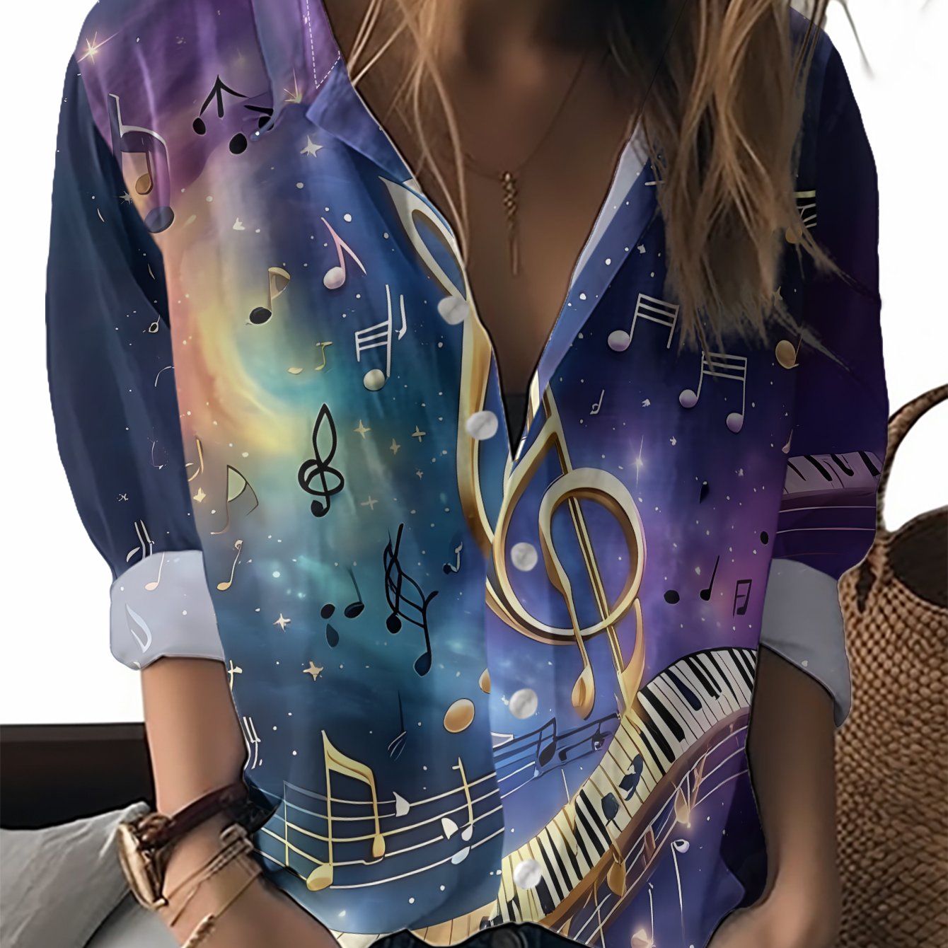 TEMU Women' Note & Treble Clef Button- Shirt - Collar Long Sleeve Blouse, Machine Washable Polyester Top Suitable For Concerts, Office, Casual Wear