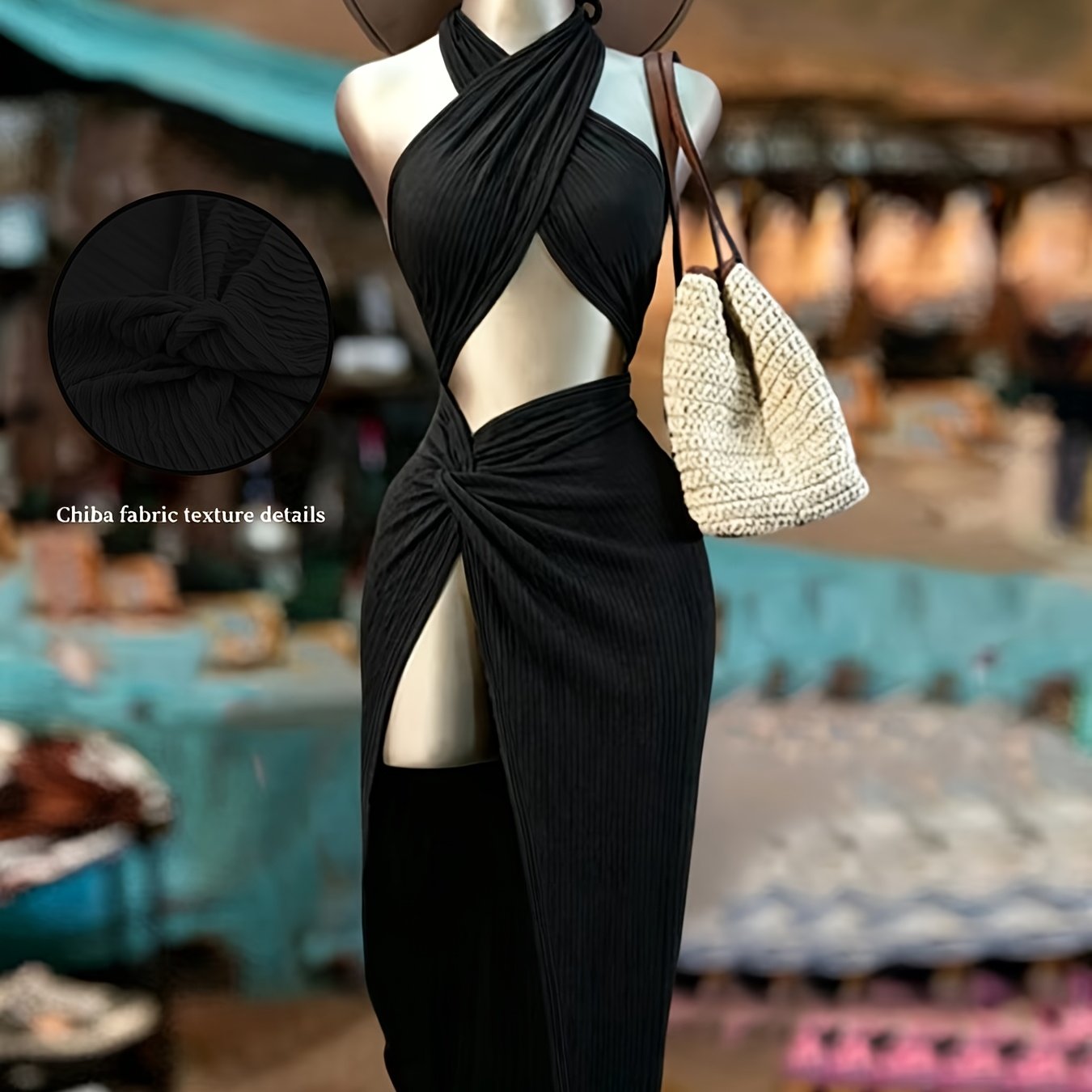 TEMU Halter Neck Waist Twisted High-thigh Slit Long Dress, Spicy Style Vacation Dress, Sexy Cross Halter Hollow Long Skirt, High-waist Twisted Slit