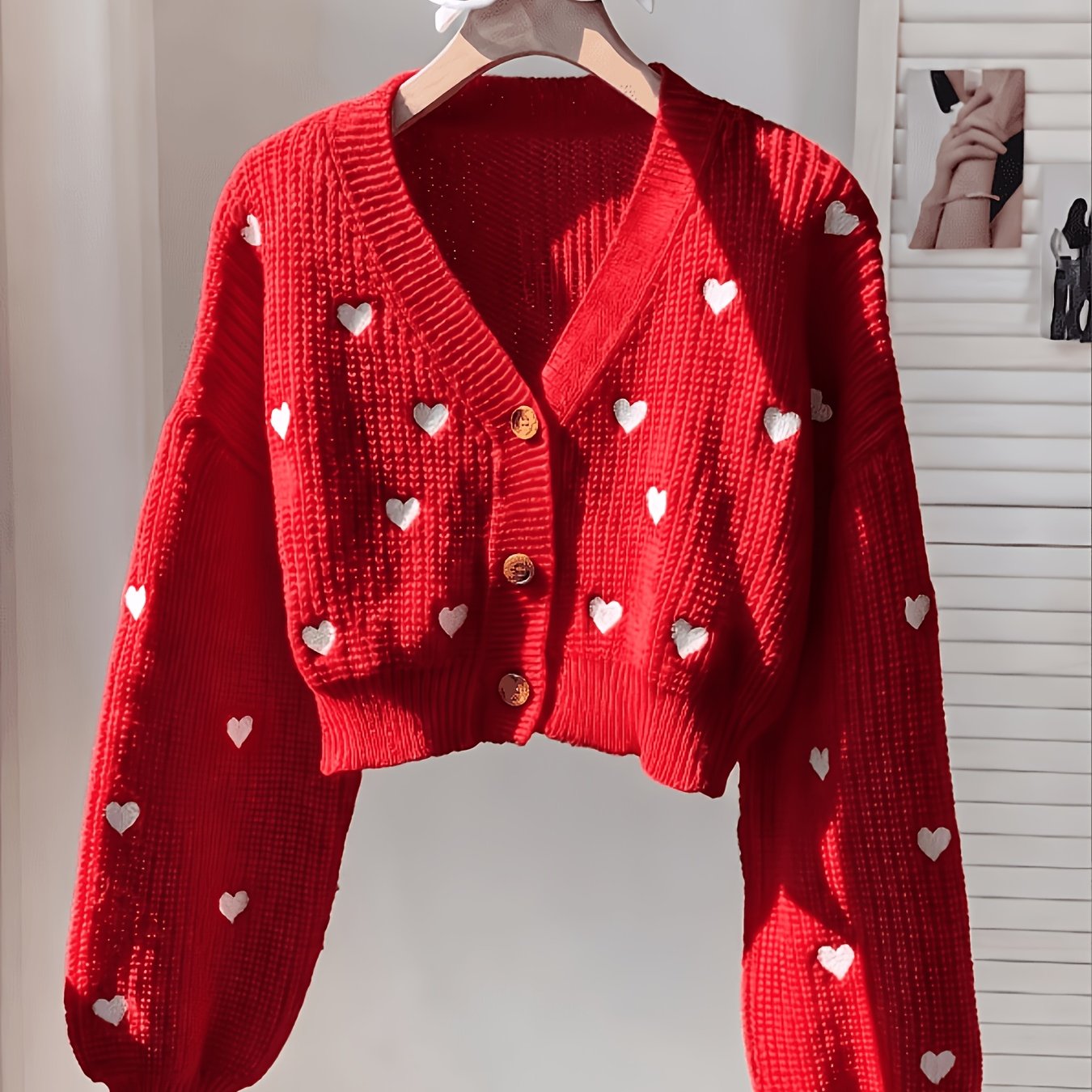 TEMU Women's Cardigan With Embroidered Heart, Contrast Color Pattern, V-neck, Cropped Style, Button-up Outerwear; Red Cropped Cardigan With Heart