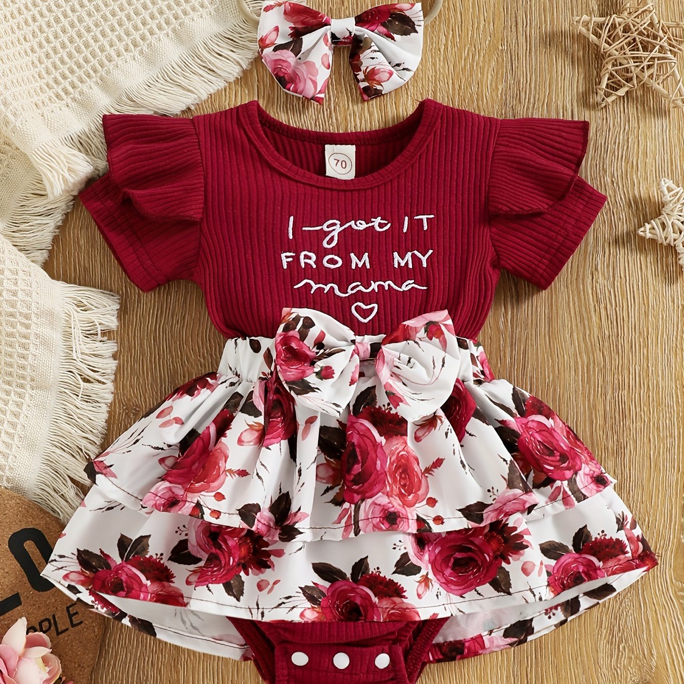 Hs100061 Girls' Spring/summer New Floral Skirt Short Sleeve Romper + Bow Headband, Perfect For Outdoor