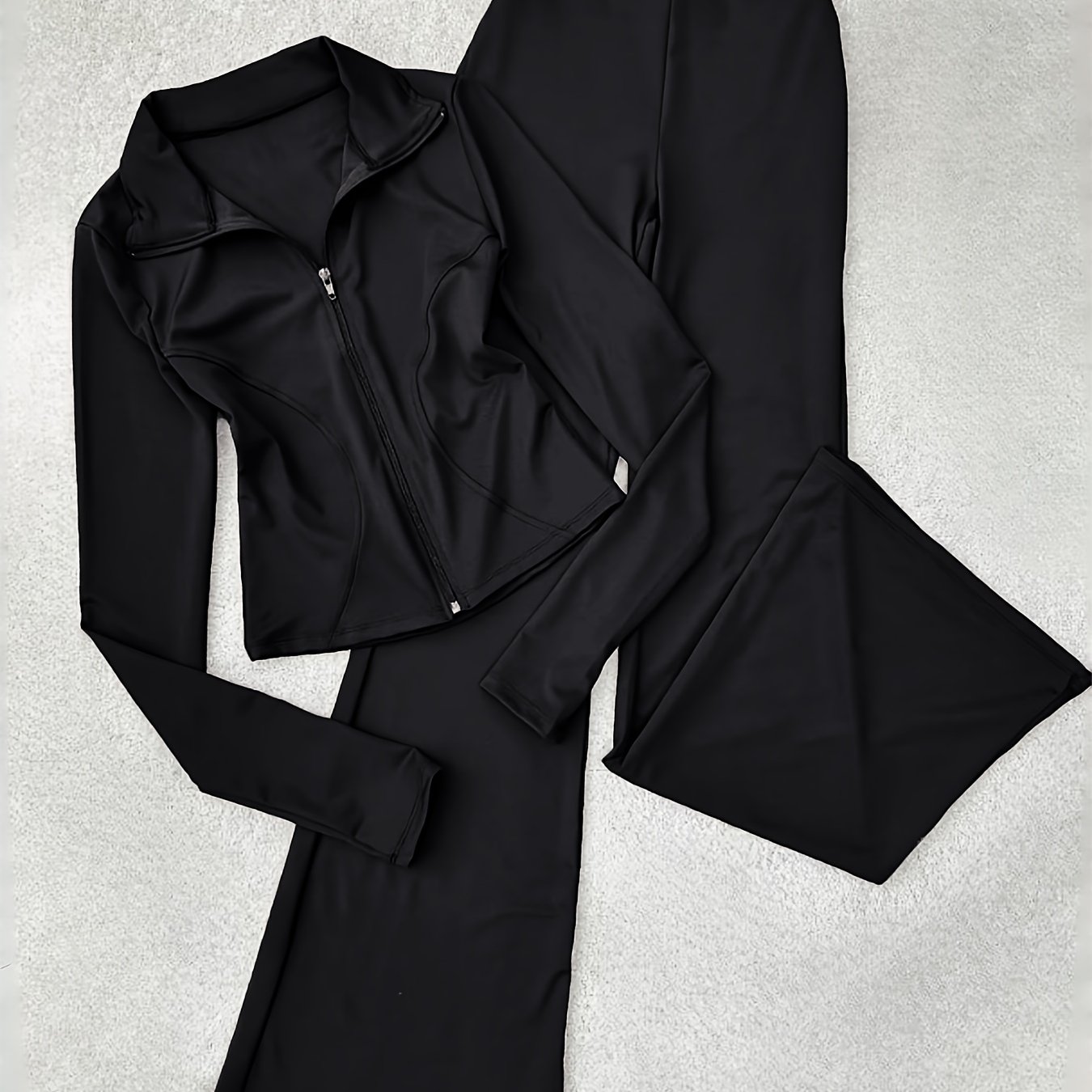 TEMU Zippered Long-sleeved Top With Flared Pants Set - Fashionable And Elegant Women's Outfit For Daily Casual Wear, And S. In Black, Gray And Beige