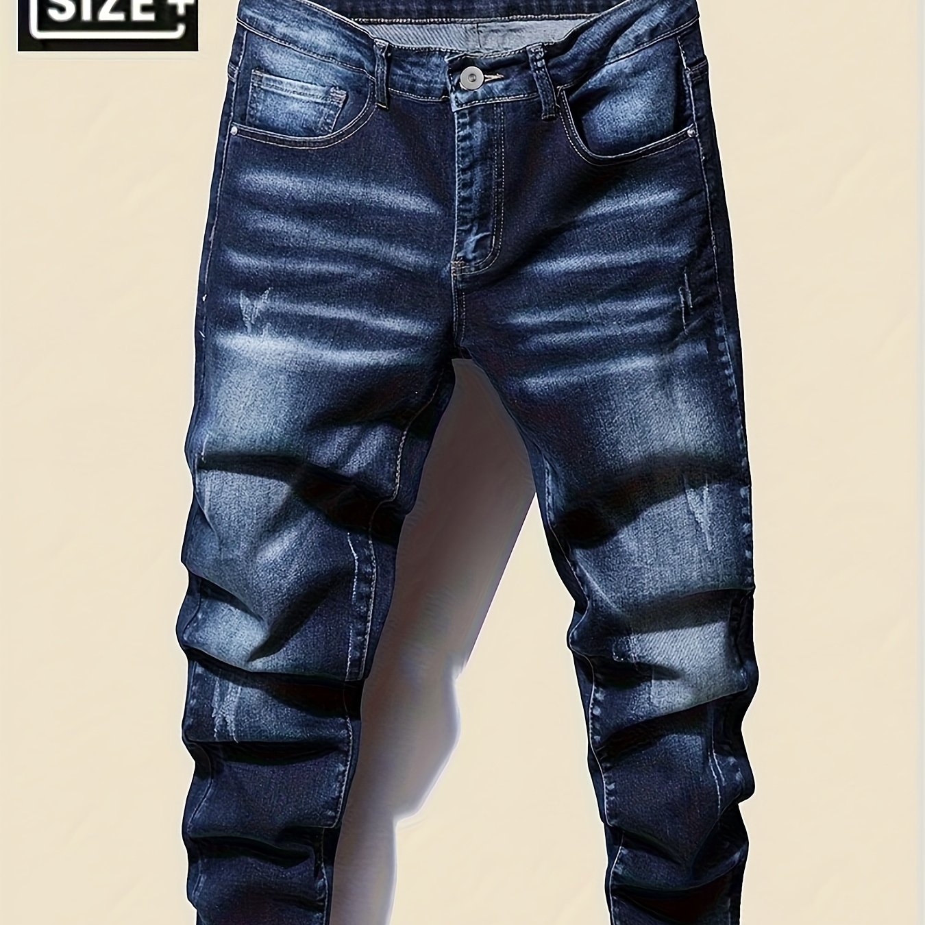 Image of Hem - Men's Oversized Jeans, Plus-size Denim Pants, Stretchy Slim Straight-leg Trousers, Classic Washed Blue, Suitable For Everyday Wear In , Y2k, Casual Outing Style, Plus Size