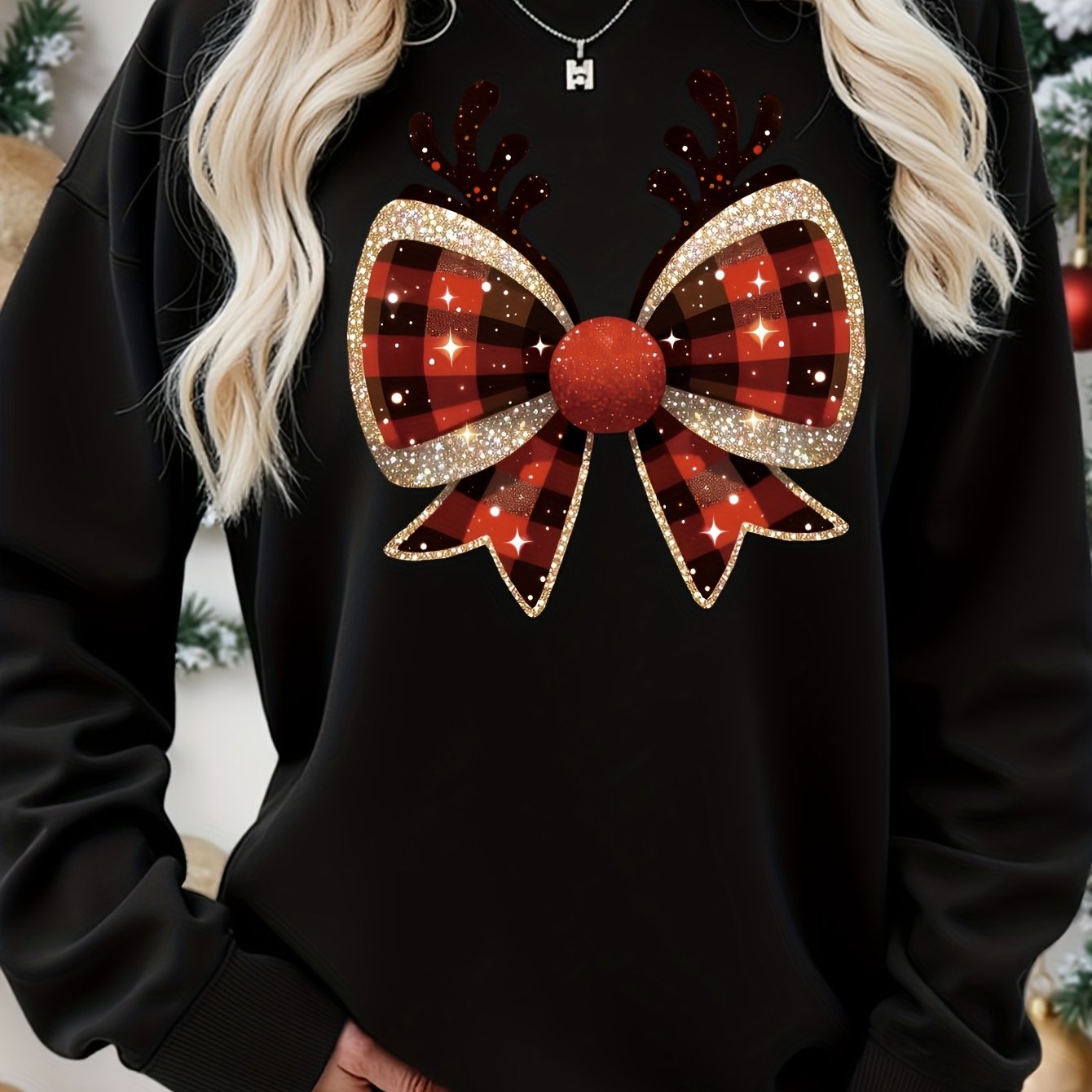 TEMU Women's Casual Round Neck Sweatshirt - Christmas Reindeer Bow Pattern Print, Regular Version Round Neck Sweatshirt, Suitable For Autumn And
