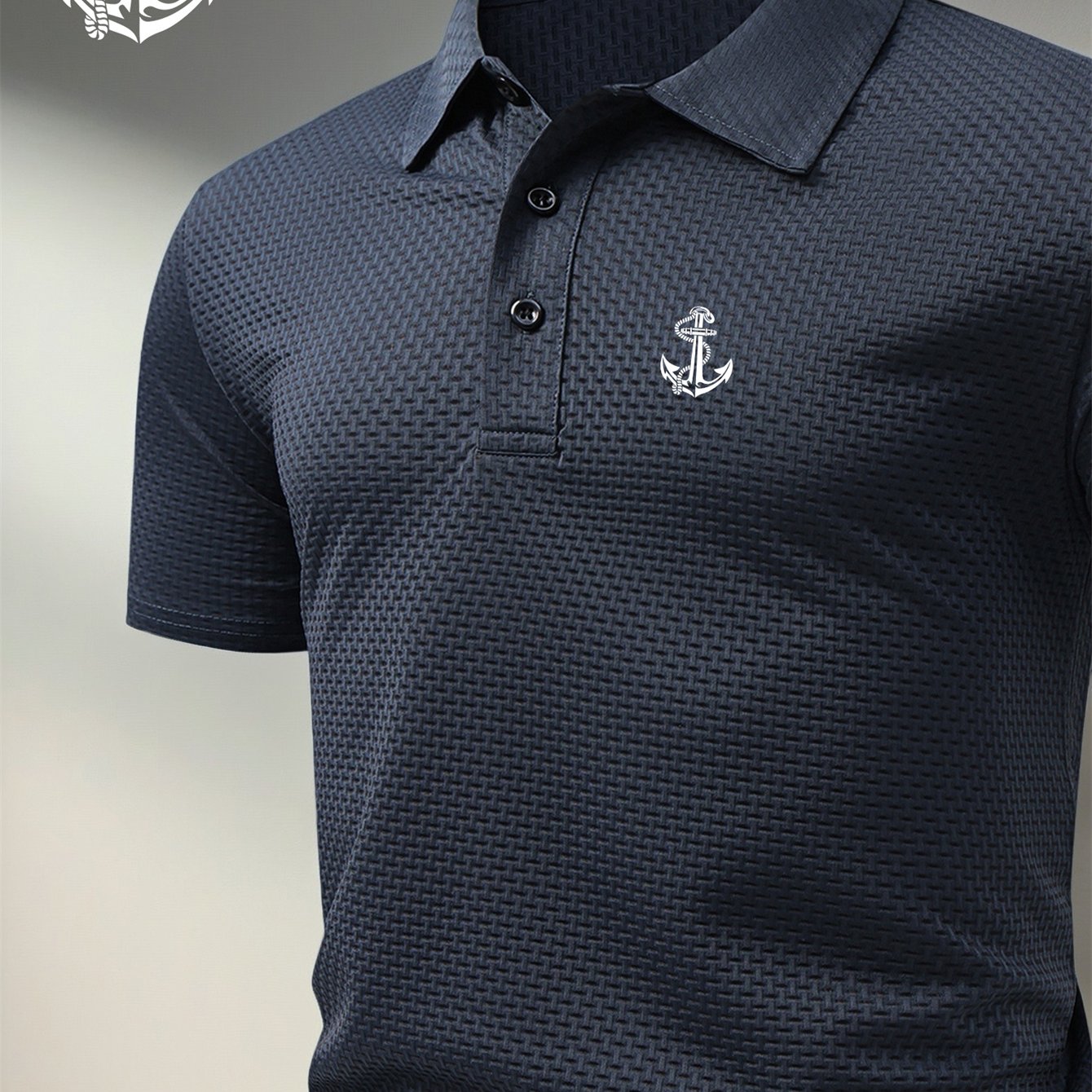 TEMU Men's Anchor Print Waffle Knit Shirt, Summer Breathable Quick Dry Casual Short Sleeve Top