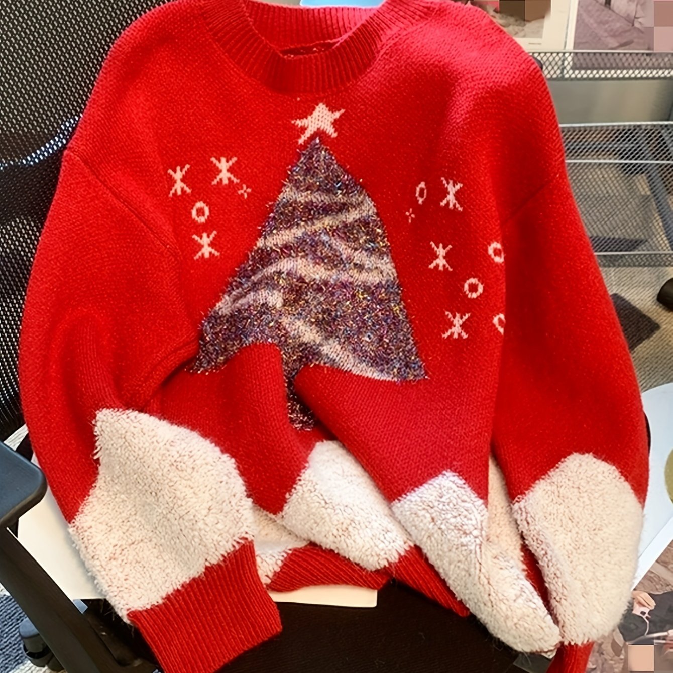 TEMU クリスマスパターンのクルーネックセーター、秋冬のカジュアルな長袖セーター、女性の服装