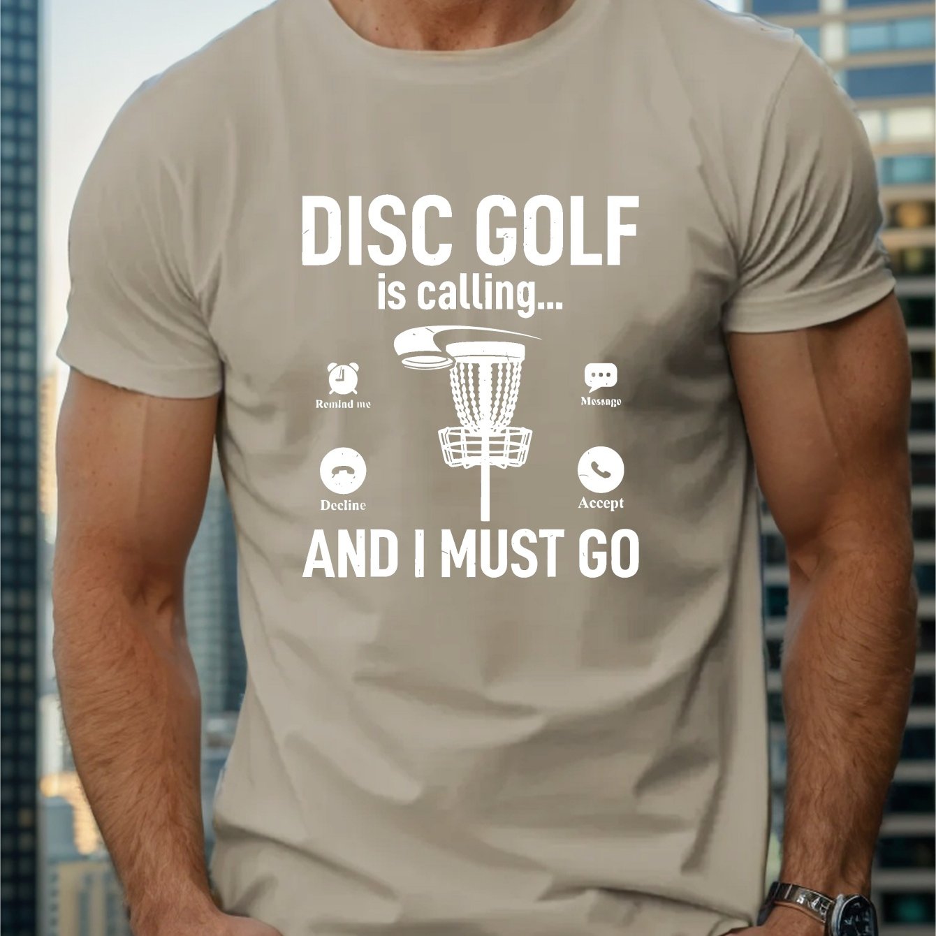 TEMU Disc Golf And I Print Men's Short Sleeve T-shirts, Comfy Casual Elastic Crew Neck Tops For Men's Outdoor Activities