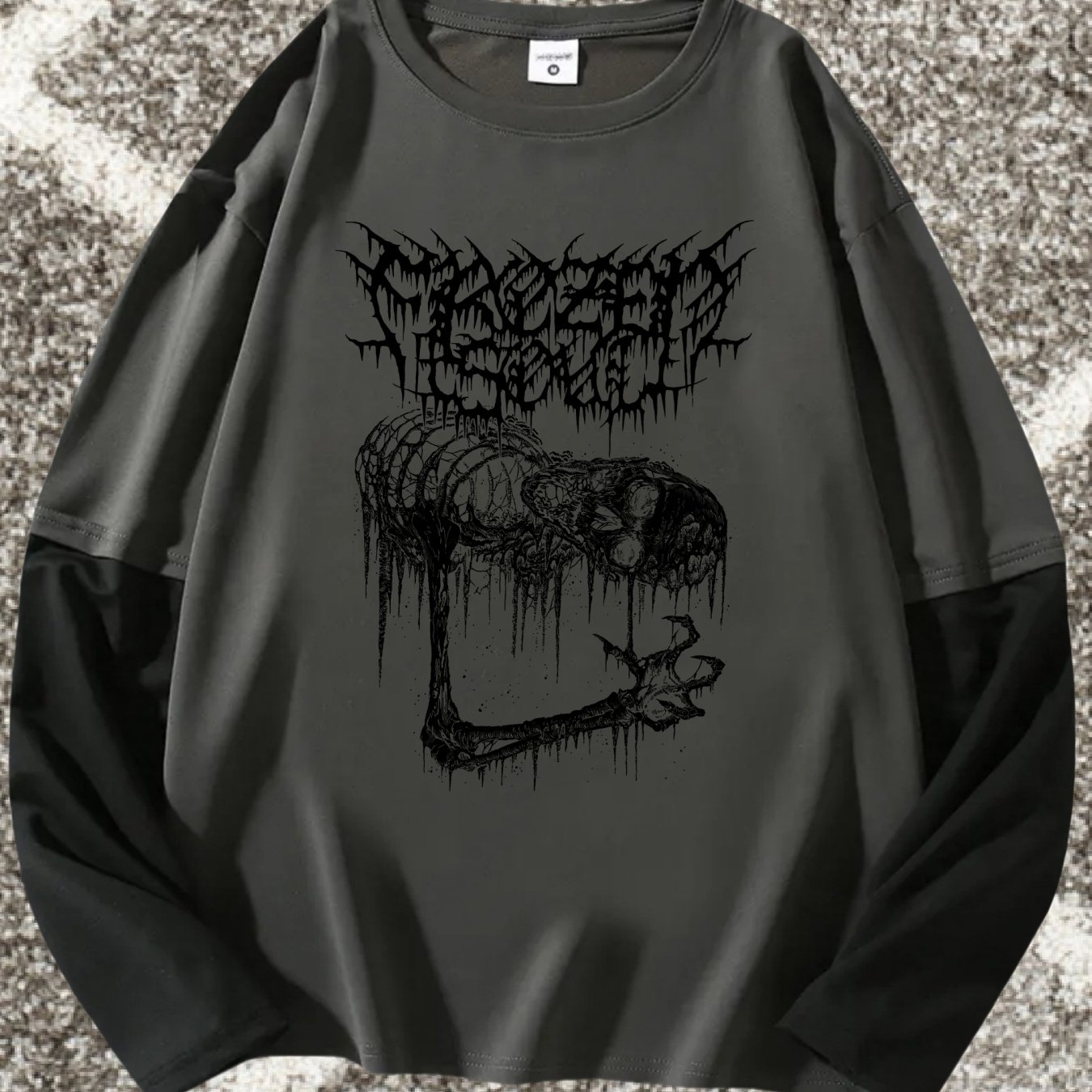 TEMU J1431 Gothic Style Skull Print Pattern 2-in-1 Look Long Sleeve T-shirt For Men, Comfortable Streetwear Fashion Top, Gift