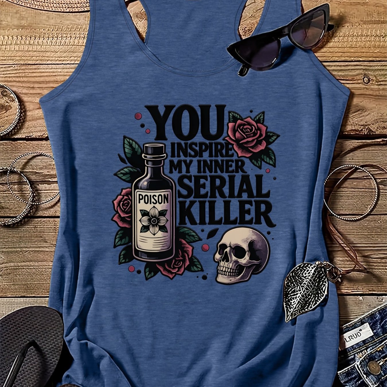 TEMU Poison, Rose Print Women's Fashion Printed Round Neck Tank Top Pb-211