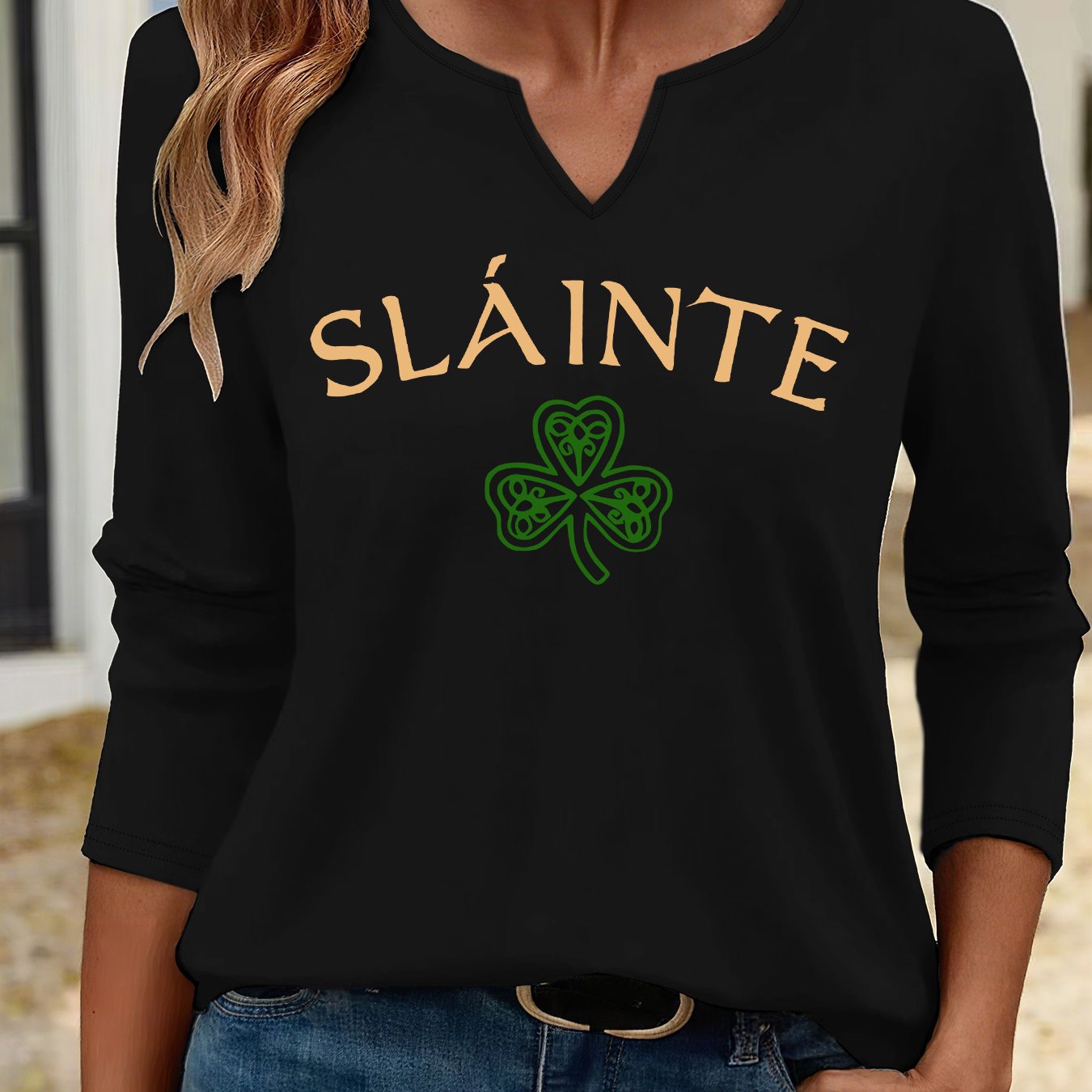 TEMU Women's Casual Long-sleeve T-shirt For Spring And Autumn, Featuring A V-neck And A Clover Letter Print, A Comfortable 's Day Top