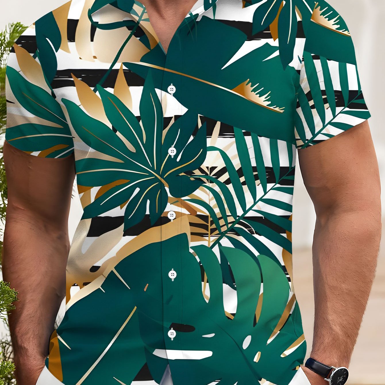 TEMU Men's Casual Short-sleeve Printed Shirt And Golden, Tropical Style Fashionable Loose-fit Casual Short-sleeve T-shirt With Print, Summer Men's