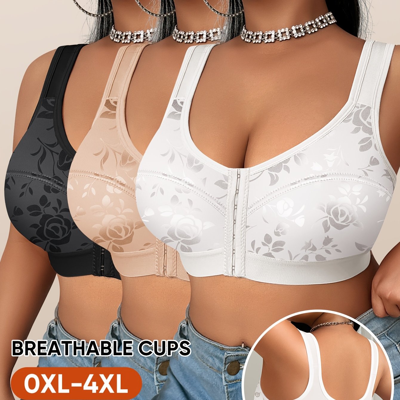 3pcs Women's Plus Size Wire-free Bra With Front Closure, Floral Print, Gathering Effect, Comfortable, Strong Support, Suitable For Daily Wear, For Plus Size Individuals