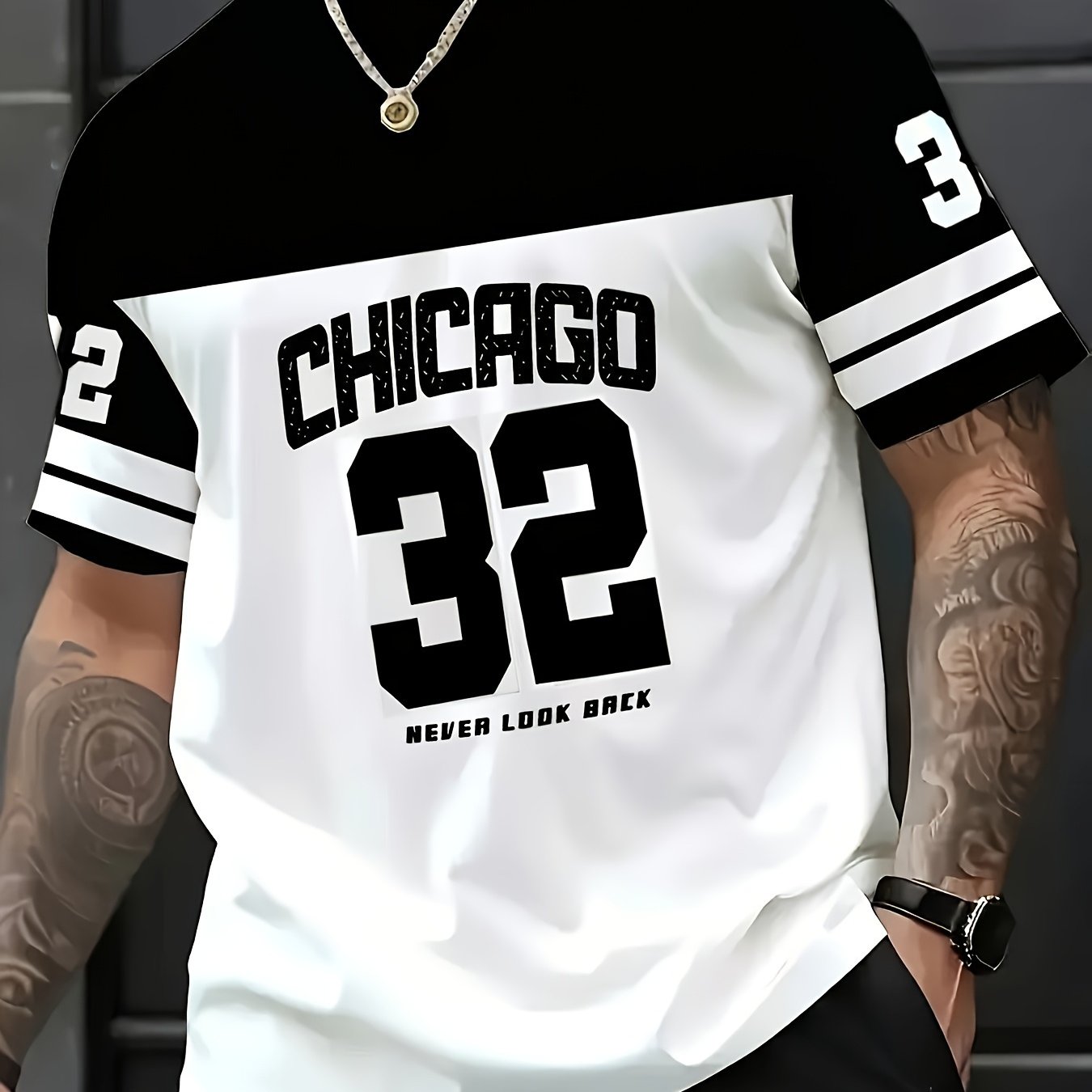 E-shop Herren Chicago 32 Grafik T-Shirt – Sportliches Kurzarmshirt mit Ganzkörperdruck, Rundhalsausschnitt, Farbblock Design, Maschinenwaschbarer