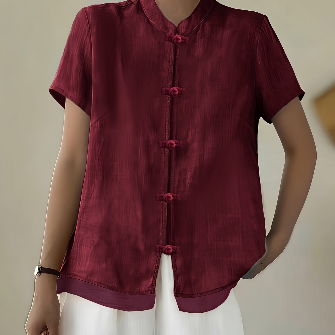 TEMU Amnfuil Women's Chinese Cheongsam Shirt Suitable For - Wear - Stand Collar Button Short Sleeve Blouse Top, Machine Washable Button-front Shirt