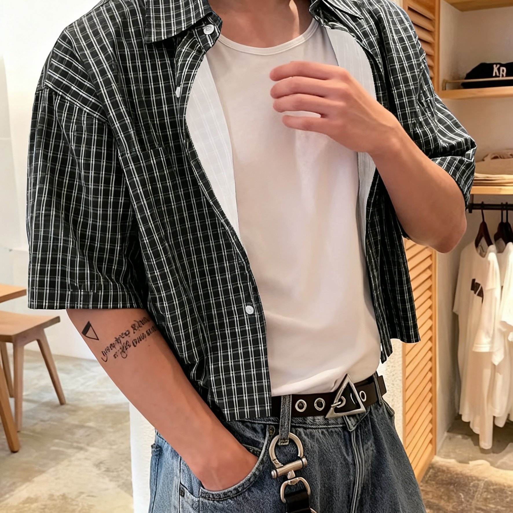 E-shop [Preppy ] [Kurze Länge] Herren Frühling Sommer Herbst Plaid Zufälliges Cut Casual Bequemes Kurzarmhemd, Geeignet für Freizeitaktivitäten,