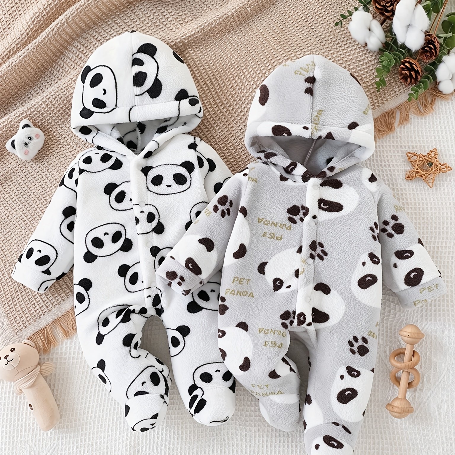 Image of Baby Boy Winter Cute Plush Panda Print Hooded Footed Bodysuit Two-piece Set With Buttons, Perfect For Outdoor Wear, Perfect For Outdoor