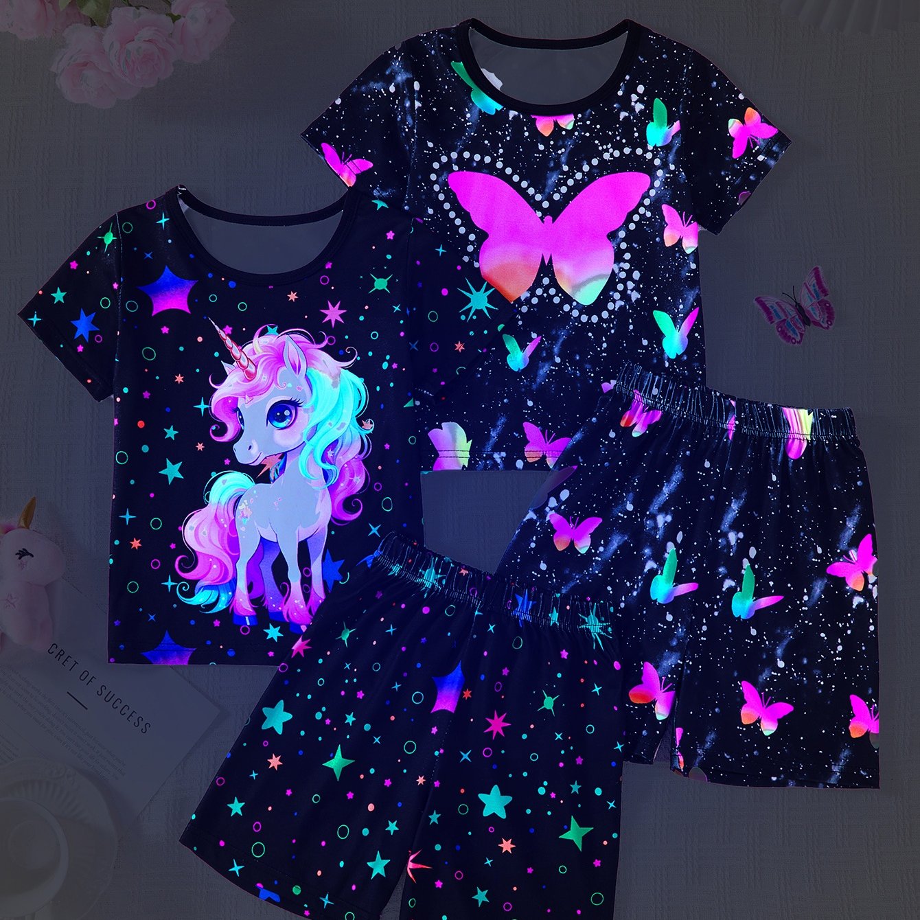 Image of Girls' Summer 2pcs Set With Uv Cute Unicorn Pattern Ink Print Round Neck Short Sleeve T-shirt + Uv Full Body Starry Sky Shorts Set, Girls' Pajamas And Home Clothes Set, Flame Retardant Fabric