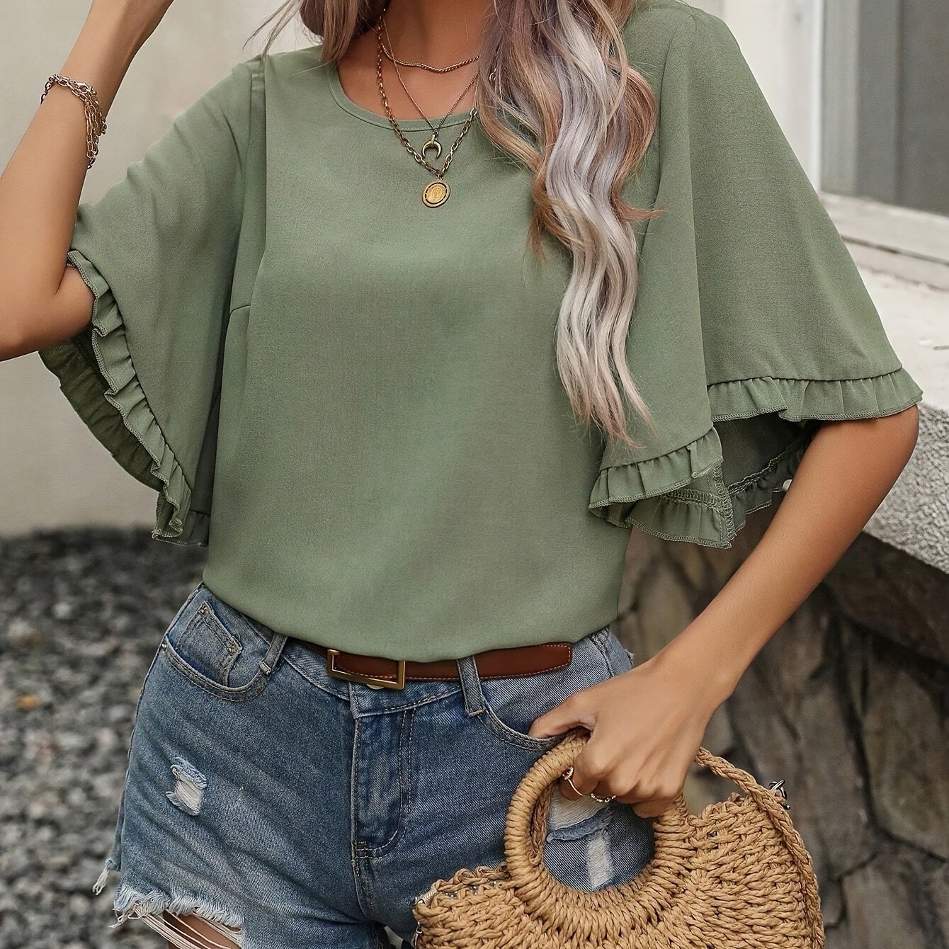 Yy0403280 Classic Ruffle Trim Sleeve Shirt